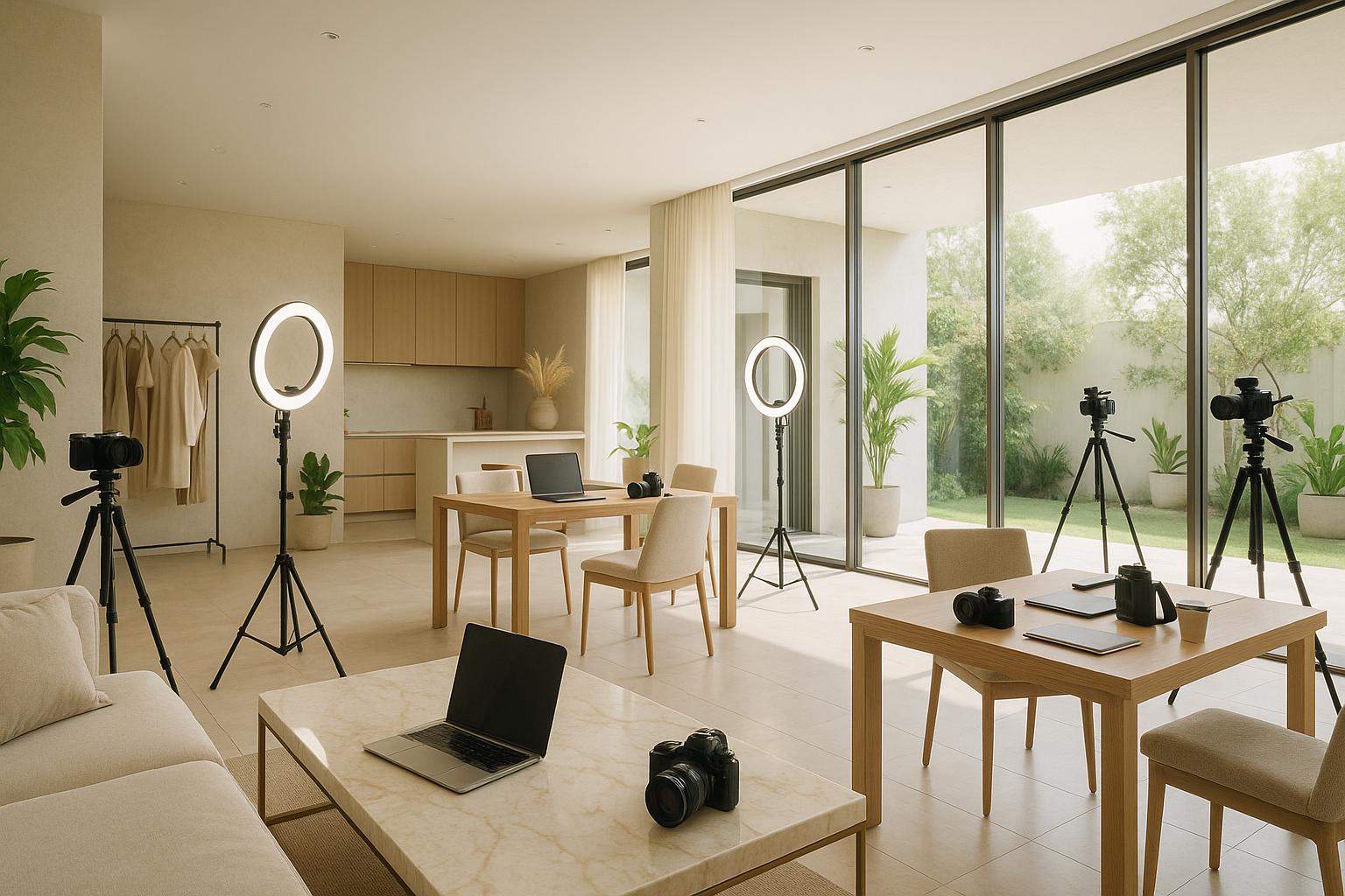 digital marketing studio influencer workspace content creator office pastel aesthetic office creative marketing team social media agency setup marketing workspace design studio for influencers startup team collaboration