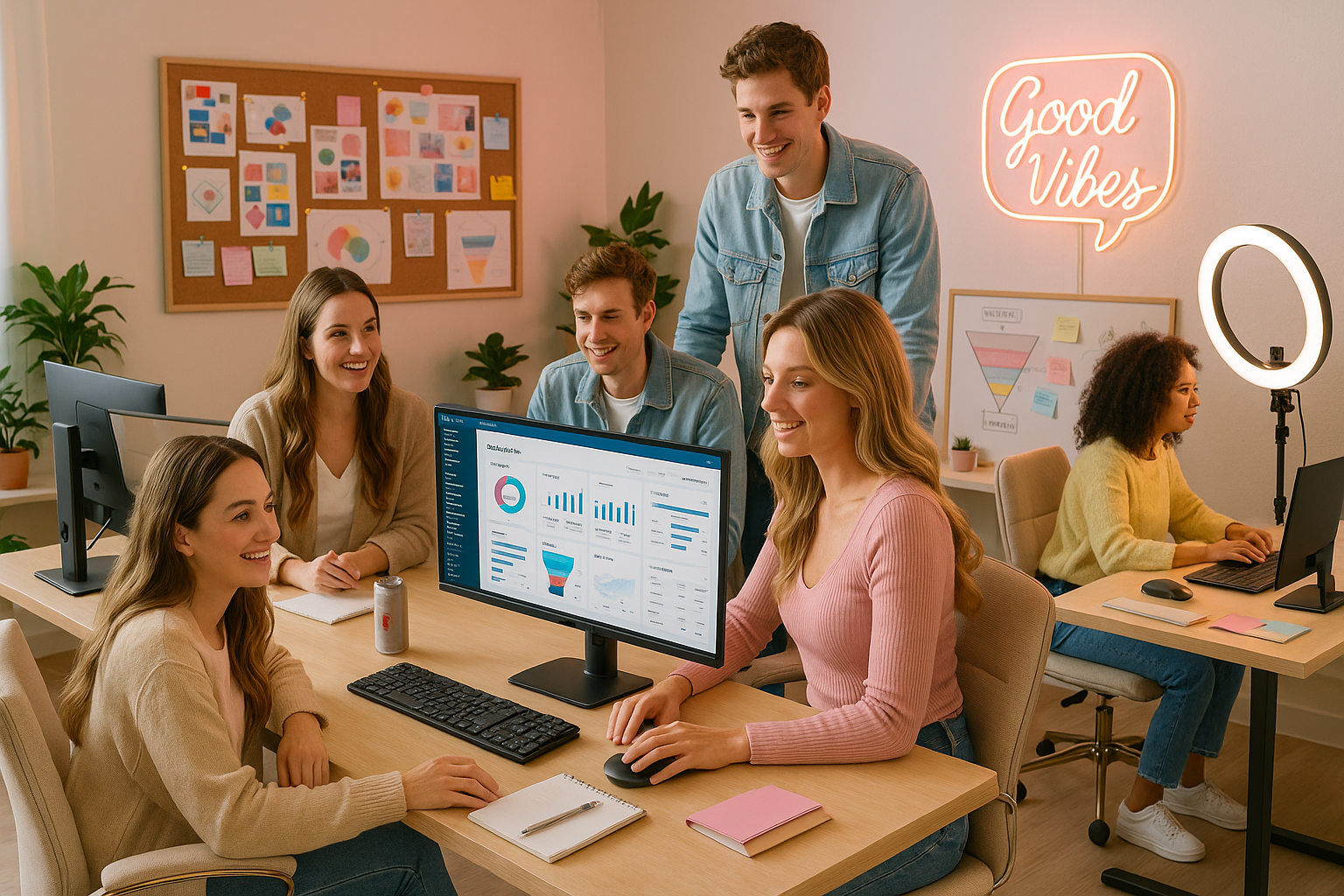 digital marketing studio influencer workspace content creator office pastel aesthetic office creative marketing team social media agency setup marketing workspace design studio for influencers startup team collaboration