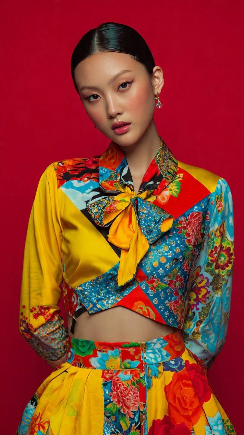 A woman with dark hair in a bun wearing a colorful floral-patterned blouse and matching skirt against a red background.