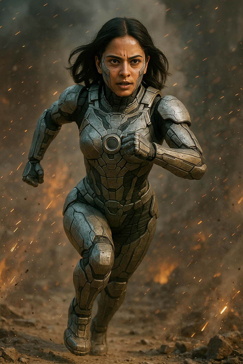 A woman dressed as a futuristic cyborg hero running through a dusty battlefield with sparks flying around.