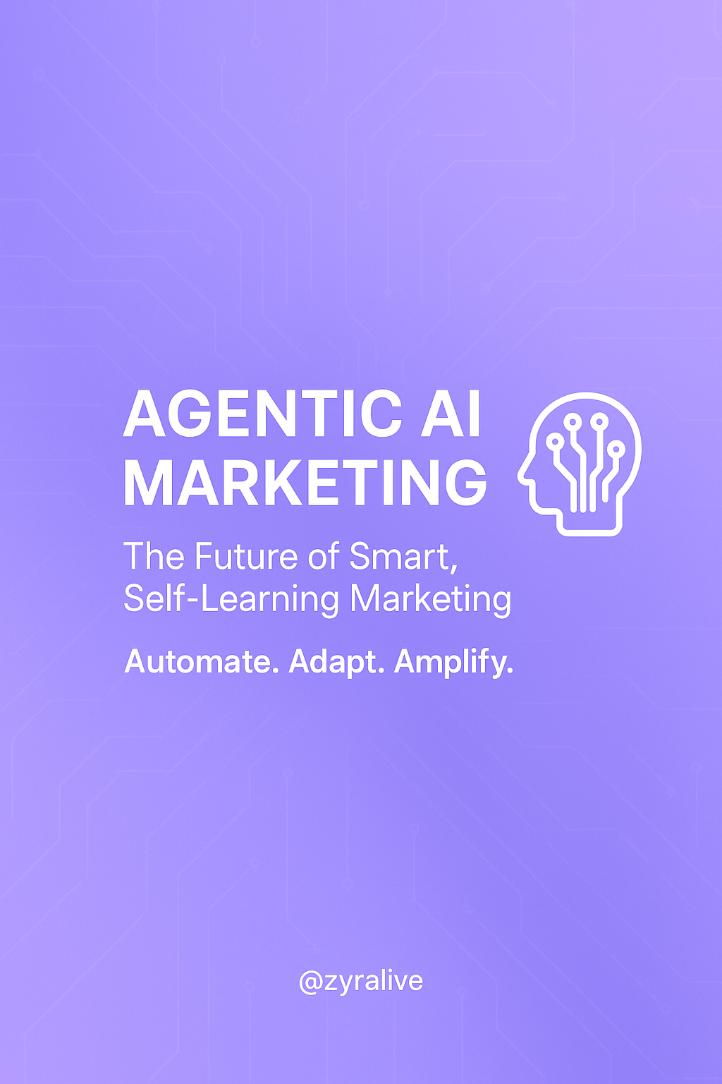 Purple promotional graphic for agentic AI marketing, featuring a brain with circuit lines, the headline "Agentic AI Marketing," and the subheading "The Future of Smart, Self-Learning Marketing. Automate. Adapt. Amplify." with '@zyralive' at the bottom.