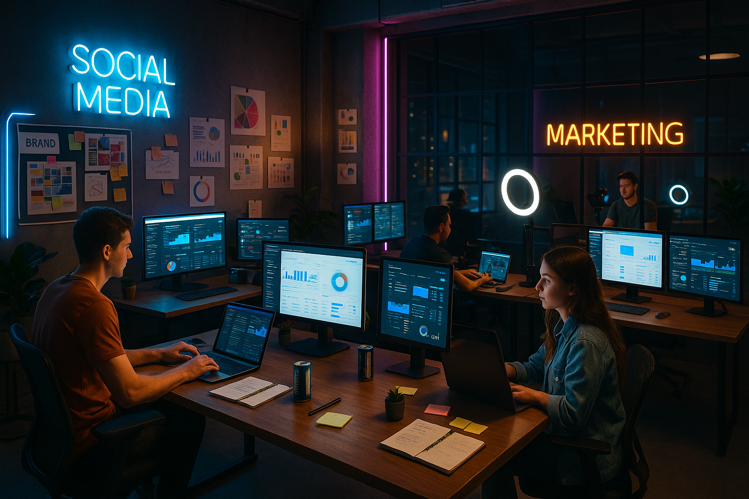 Office workspace with multiple computer monitors displaying data analytics, neon signs reading 'Social Media' and 'Marketing,' and people working at desks with notebooks, books, and drinks.