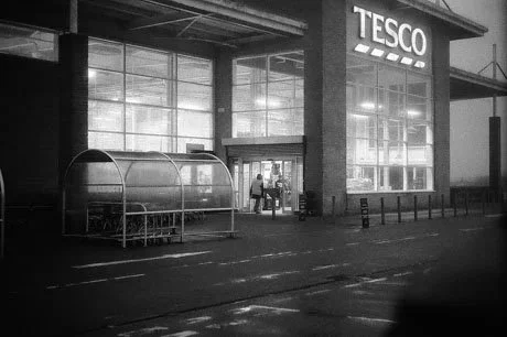 Therapeutic Photography: Tesco exterior at night. Night. Black and White.