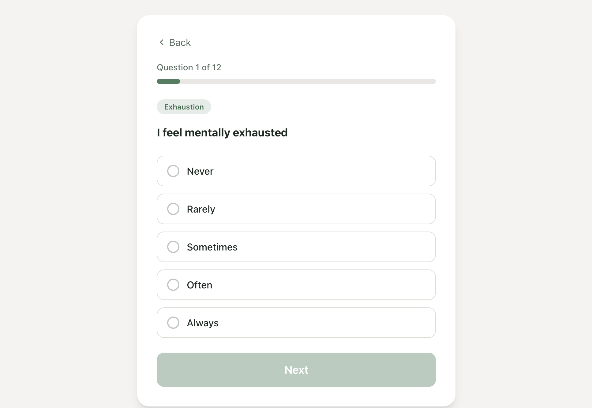 Screenshot of the Burnout Assessment Tool showing the four pillar scoring system - sleep, work hours, family time, and self-time