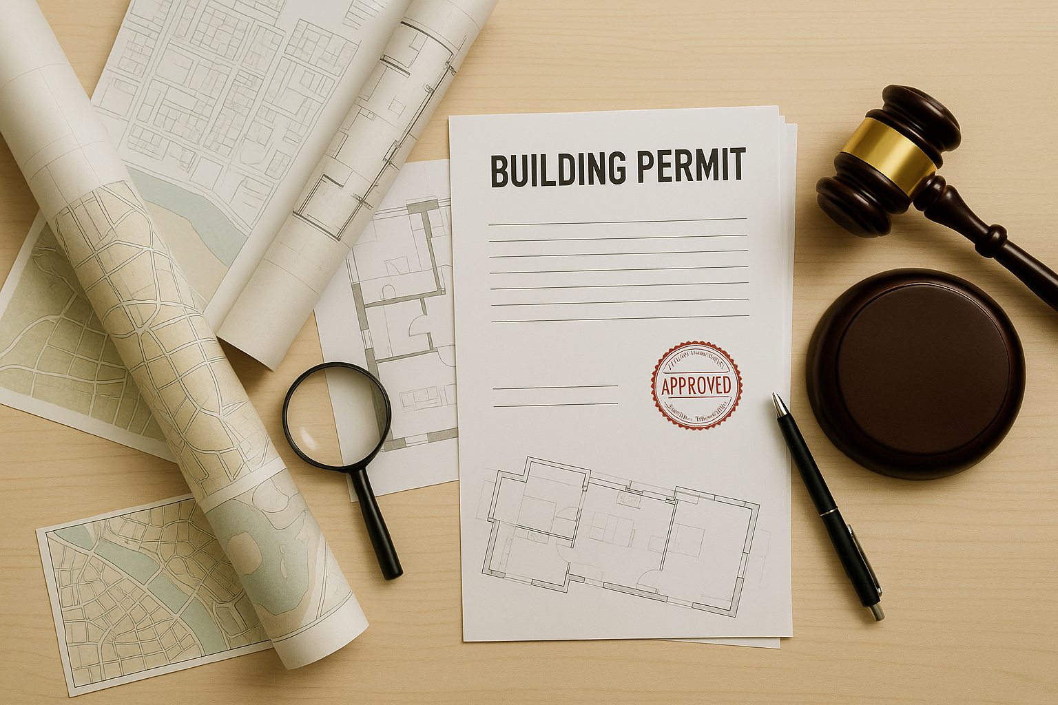 Permesso di costruzione, planimetrie, una lente d'ingrandimento, un martelletto e un timbro 'approvato' su un tavolo di legno.