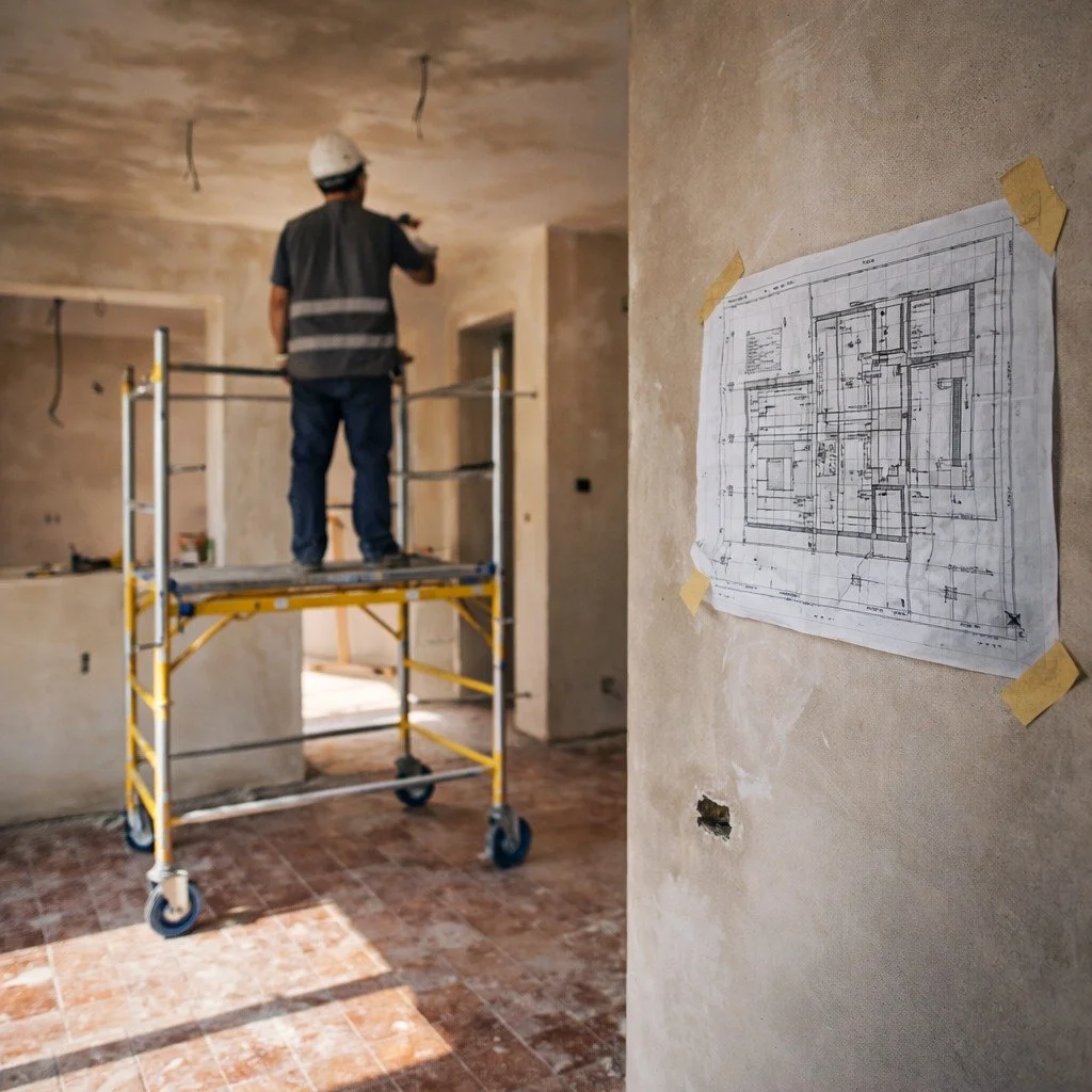 Un operaio su un'impalcatura mentre lavora in un edificio in costruzione. C'è un progetto appeso alla parete a destra.