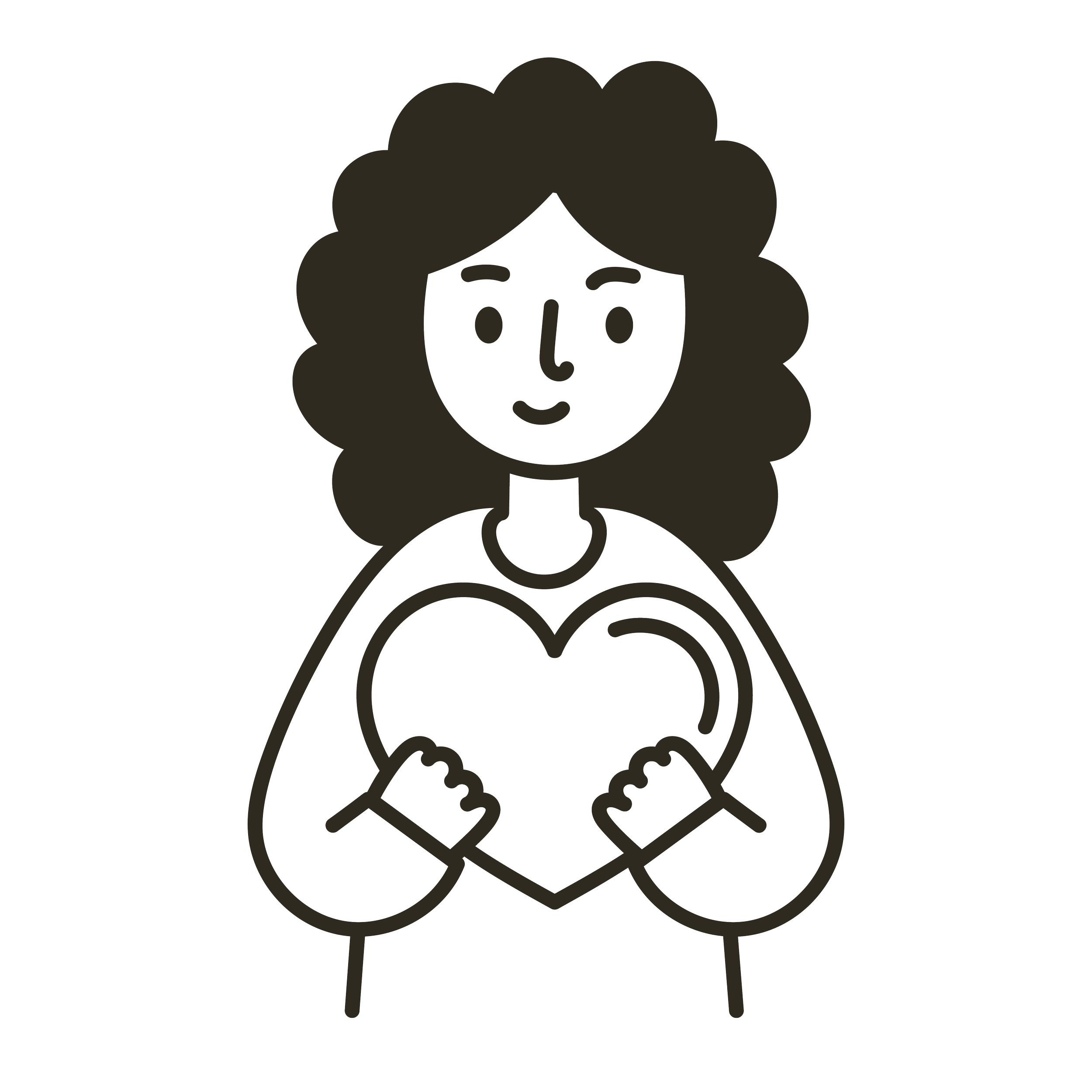 Line drawing of a woman with curly hair holding a heart close to her chest.