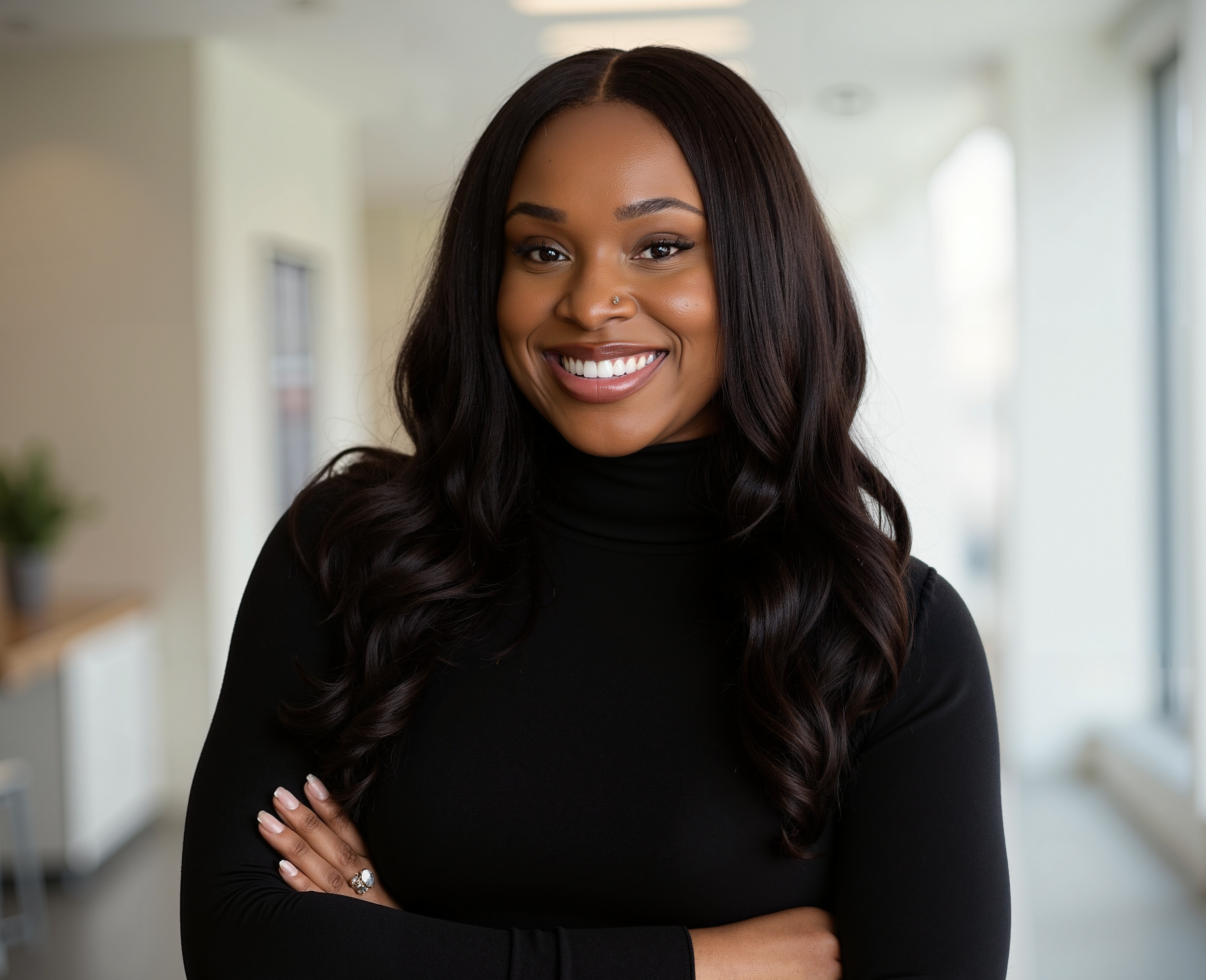 A smiling woman with long dark wavy hair, wearing a black turtleneck sweater, arms crossed, standing in a bright indoor setting.