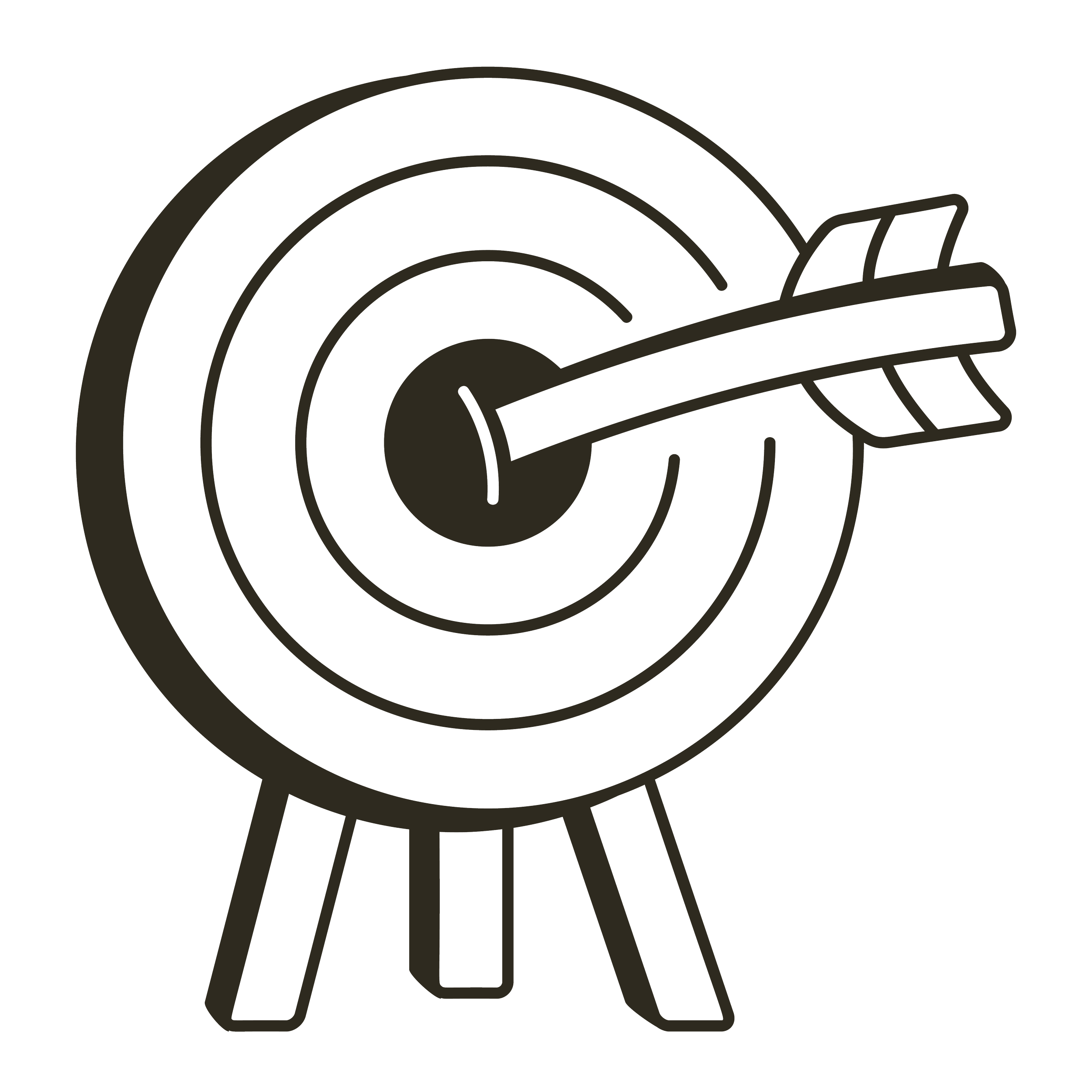 Outline illustration of a target with concentric circles and an arrow hitting the bullseye.