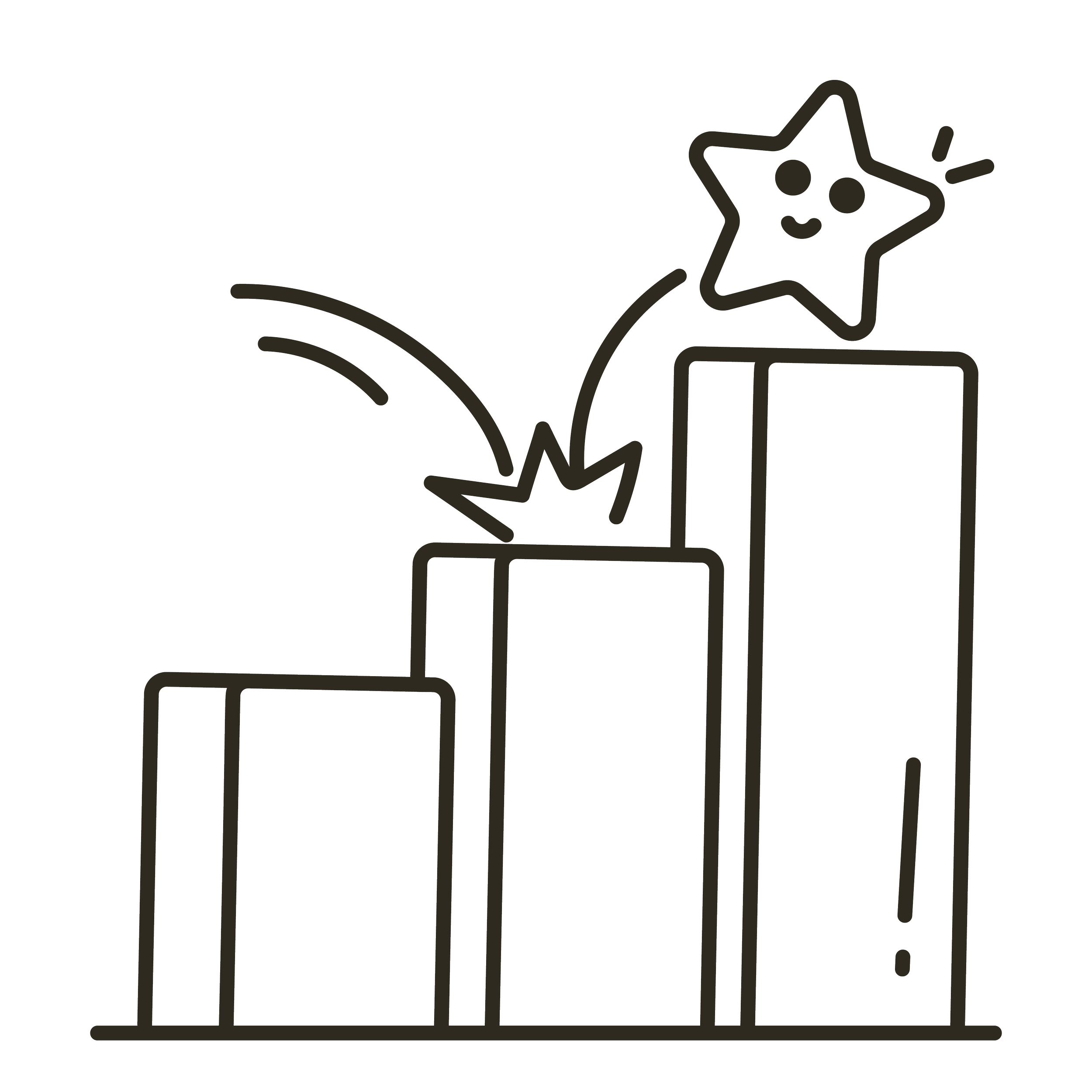 Outline drawing of a trophy cup with two handles, mounted on a round base, on a black background.
