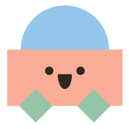 Cute cartoon character with a pink square body, green feet, a smiling face, and a large blue semi-circle on top of its head.
