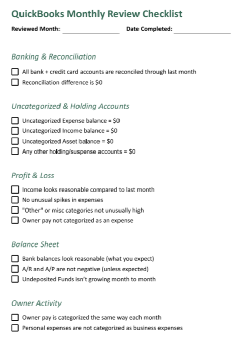 QuickBooks monthly review checklist preview