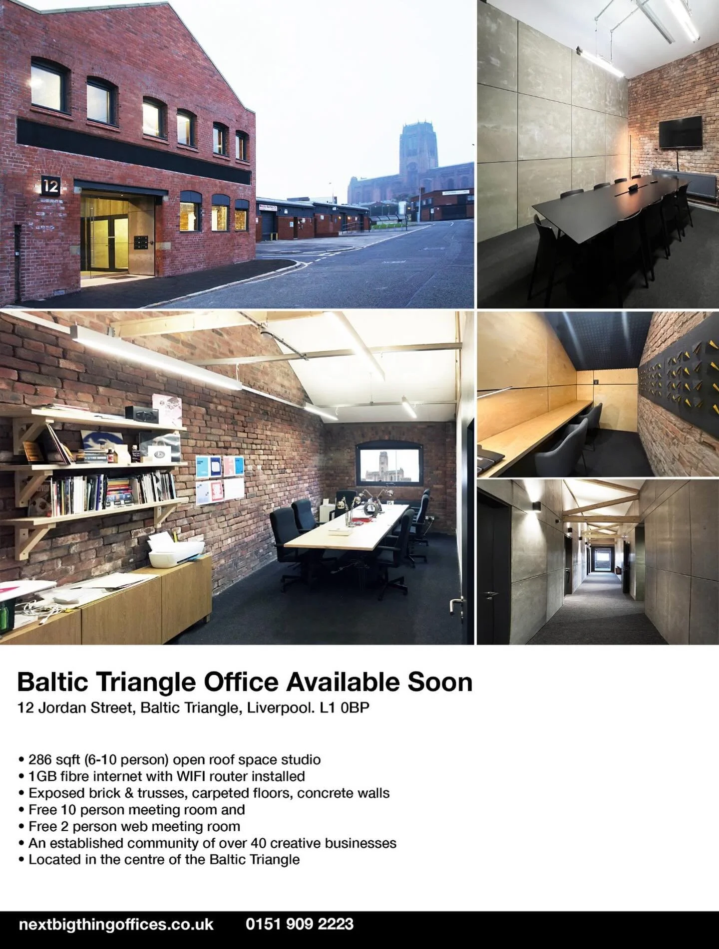 Baltic Triangle Studios Office Space, available February 2026

286 sqft; 6-10 person; open roof space studio; 1GB fibre internet and WIFI 6 router; exposed brick &amp; trusses, carpeted floors &amp; concrete walls, free 10 person meeting room use, fr