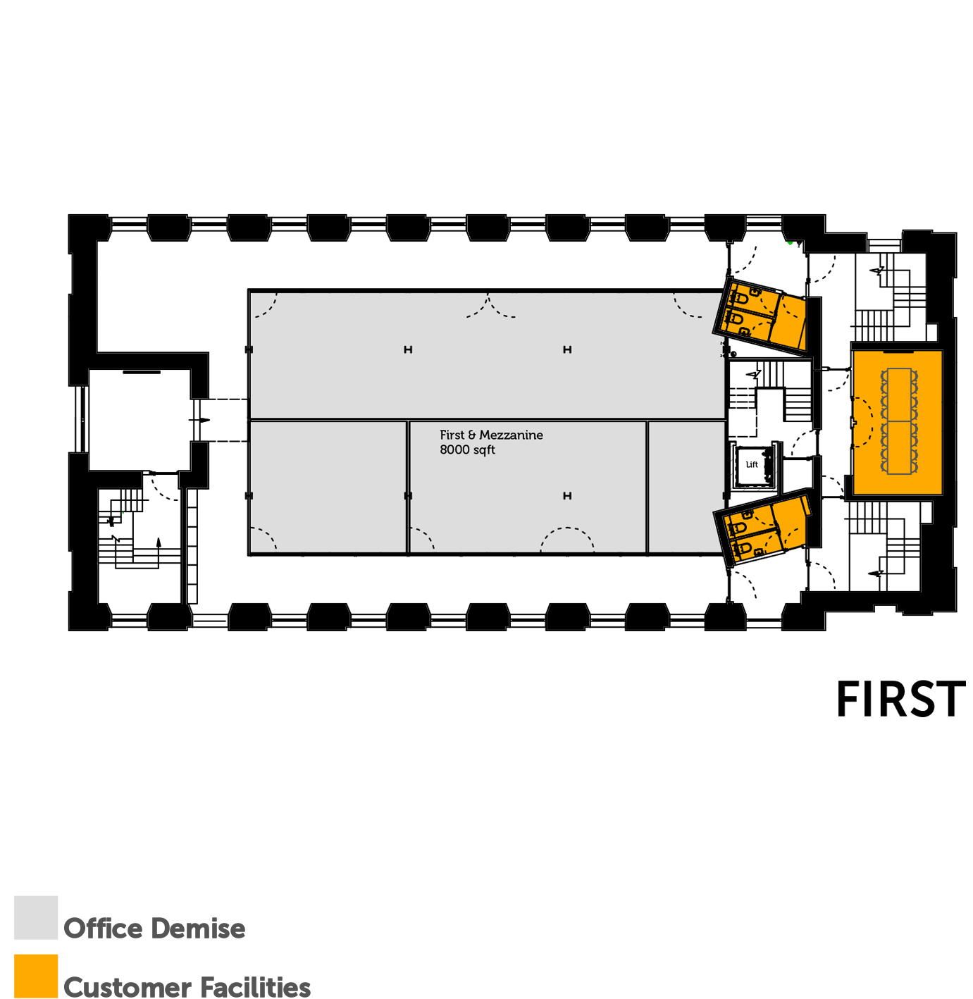 Floor plan of an office space with demised areas in gray labeled as Office Demise, and customer facilities in orange including restrooms, a kitchen area, and a meeting room. The office space includes an 8,000 sqft area labeled "First & Mezzanine."