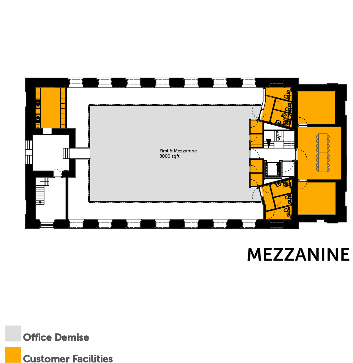 Architectural floor plan of a building layout, showing an open space labeled 'First & Mezzanine 8000 sqft', surrounded by smaller rooms and stairs, with color-coded sections in yellow and gray.