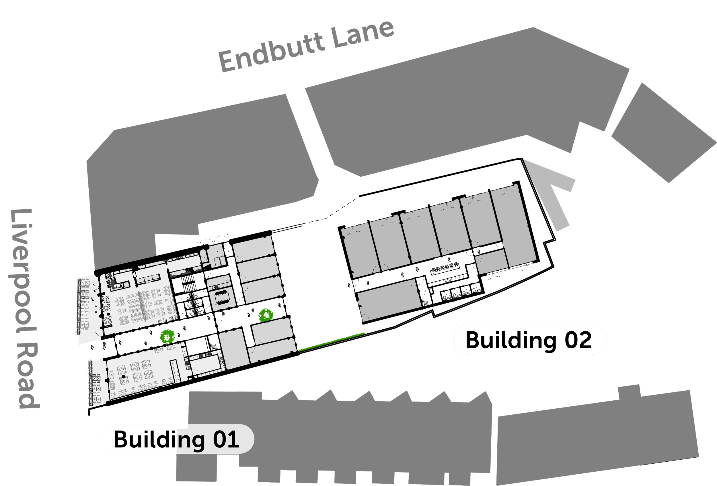 Site plan map showing two buildings labeled Building 01 and Building 02, parking spaces, and surrounding roads named Endbutt Lane and Liverpool Road, with some green trees marked on the map.