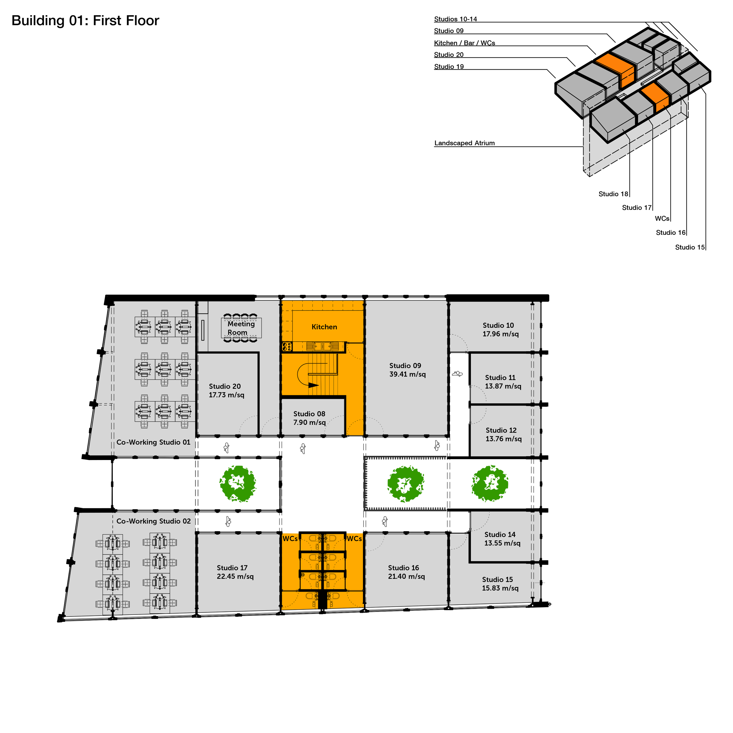 Floor plan of a creative studio building with labeled rooms, co-working spaces, and restrooms, with trees outside.