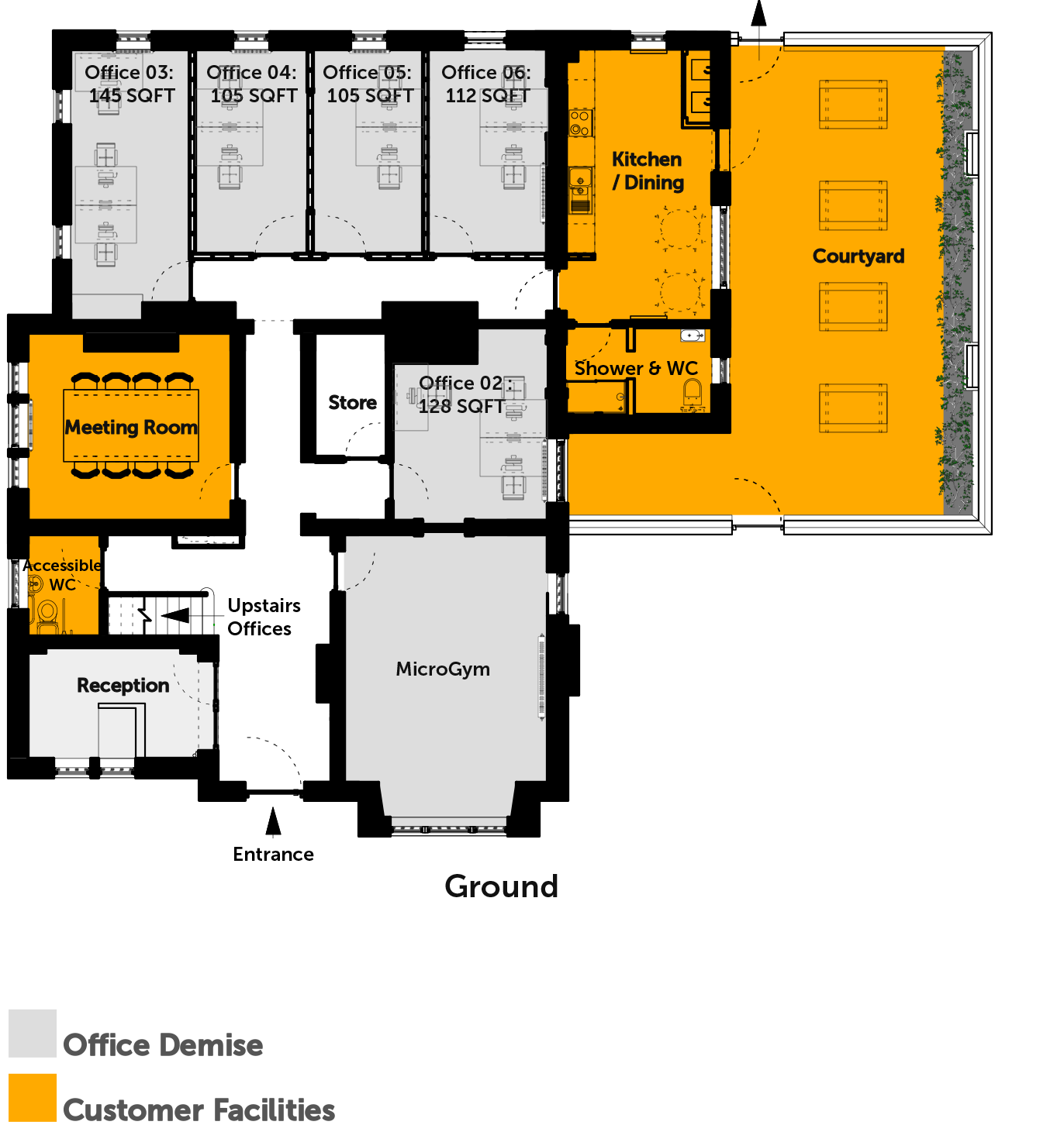 Floor plan of a building with labeled rooms including office rooms, a meeting room, a store, a reception, a micro gym, an accessible WC, a shower and WC, a kitchen/dining area, a courtyard, and a large outdoor courtyard area.