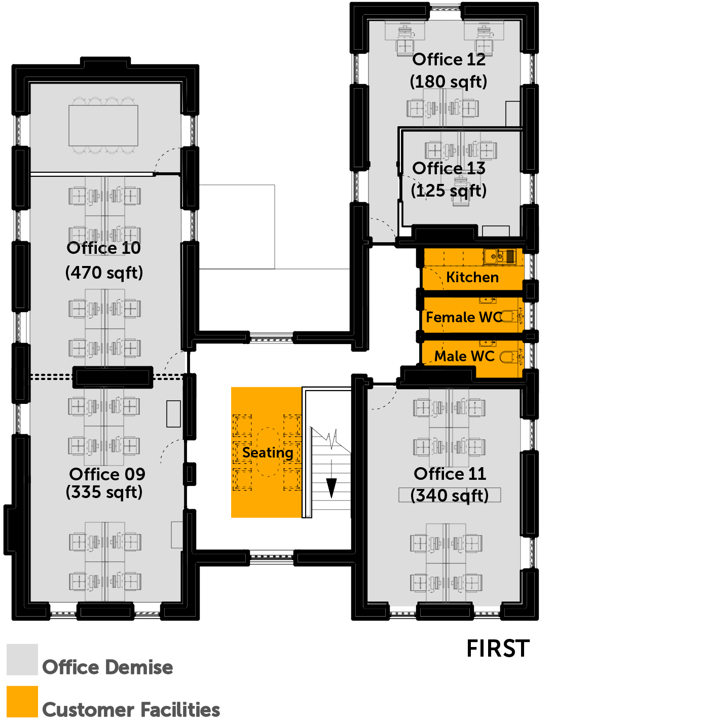 Floor plan showing part of an office building with several offices, a seating area, a kitchen, and restrooms. Offices are labeled with numbers and square footage, with some marked as demolished. The seating area and customer facilities such as kitchen and restrooms are highlighted in yellow.