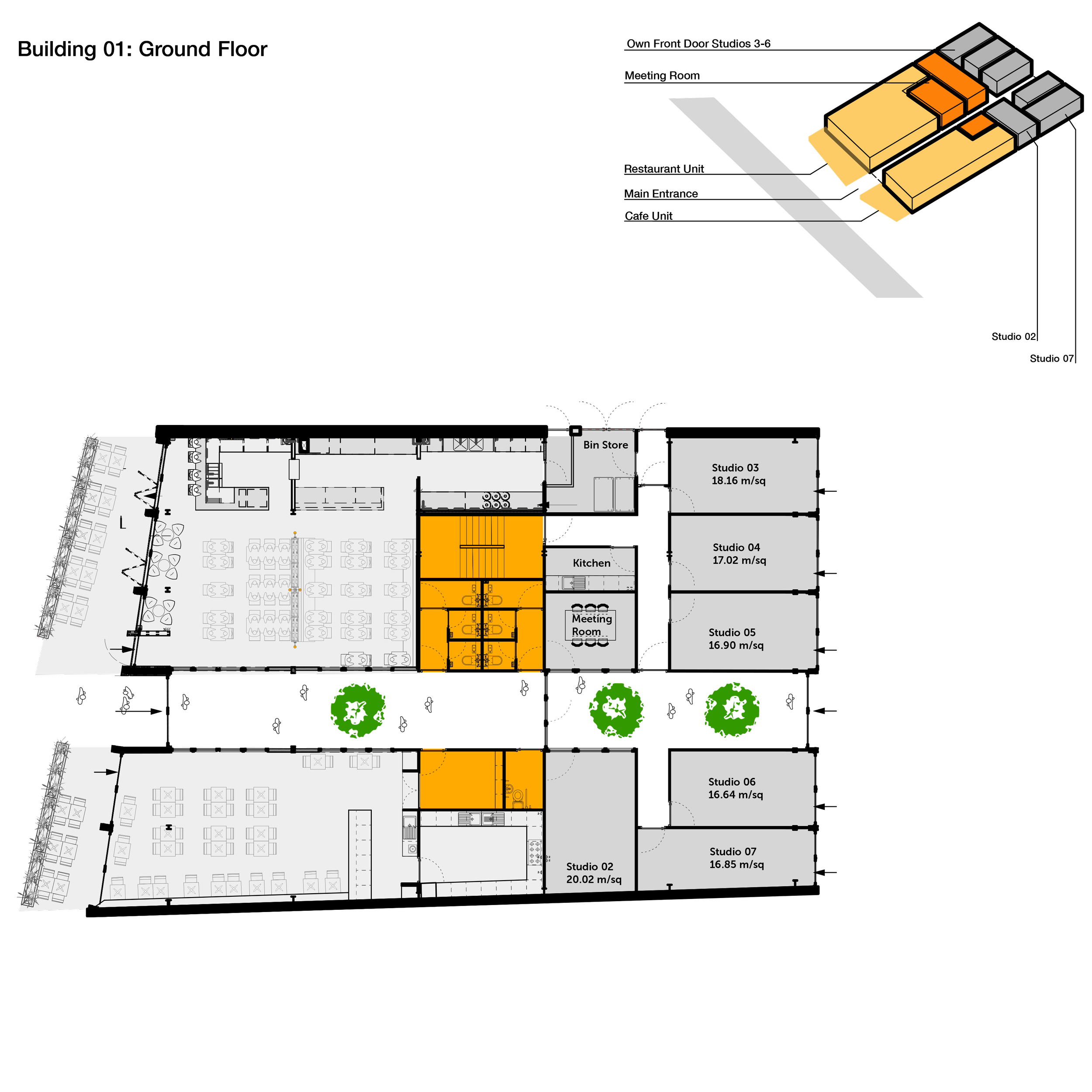 Architectural floor plan of a studio building with colored sections, trees, and detailed room labels, including studios, kitchen, meeting room, and storage.