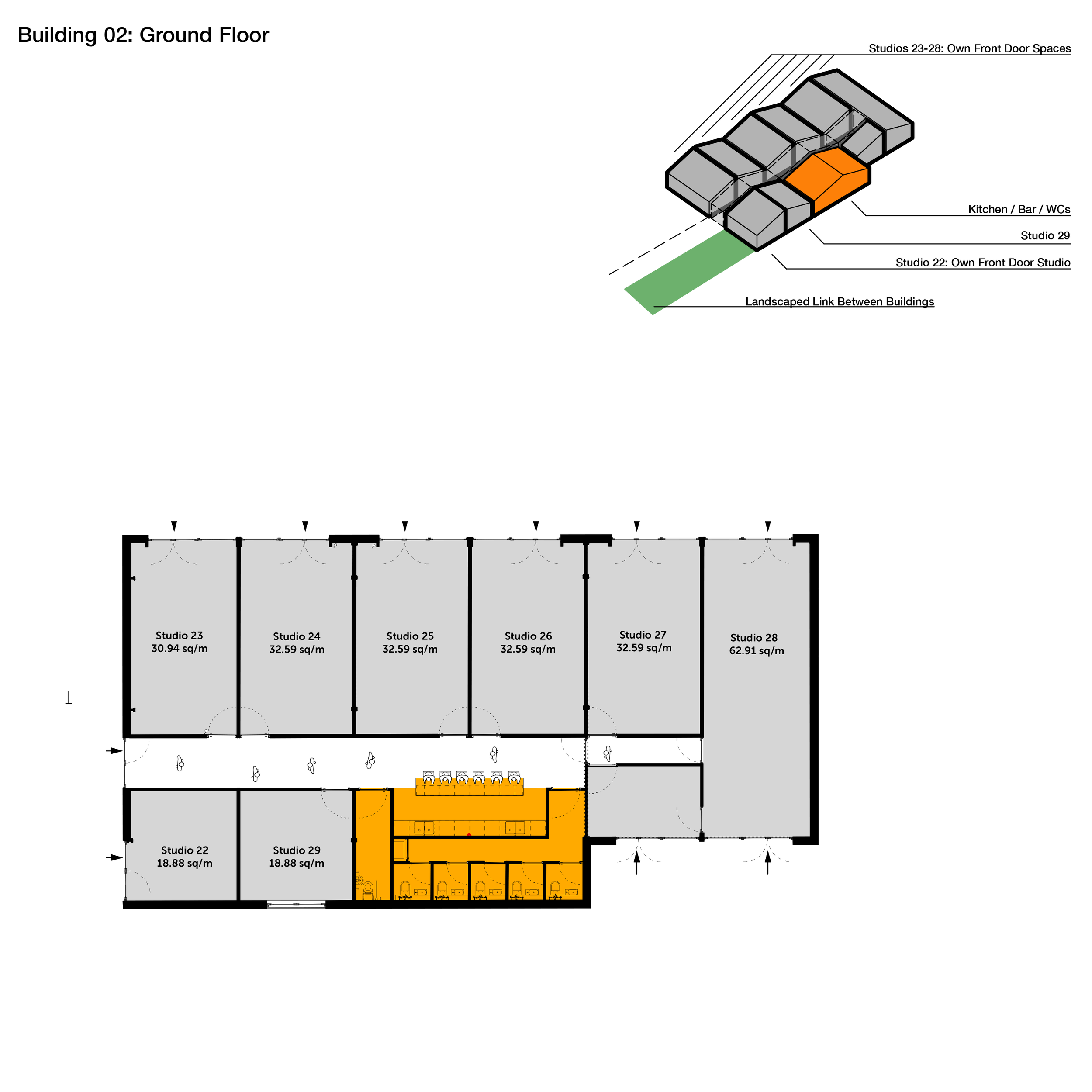Architectural floor plan of a building showing multiple studios and facilities, including four larger studios at the bottom, five smaller studios in the middle, and a common area with restrooms at the bottom center.