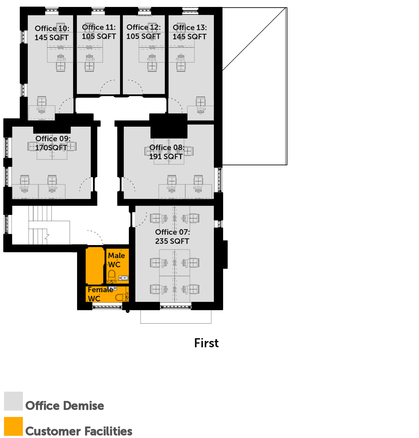 A building layout floor plan with multiple offices labeled with their sizes and demarcations, a section for customer facilities in yellow with male and female restrooms, and an area indicating office demised space.