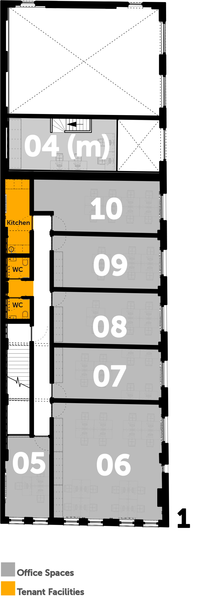Floor plan of a building with numbered rooms, a kitchen, and restrooms, with dimensions and labels indicating room usage.