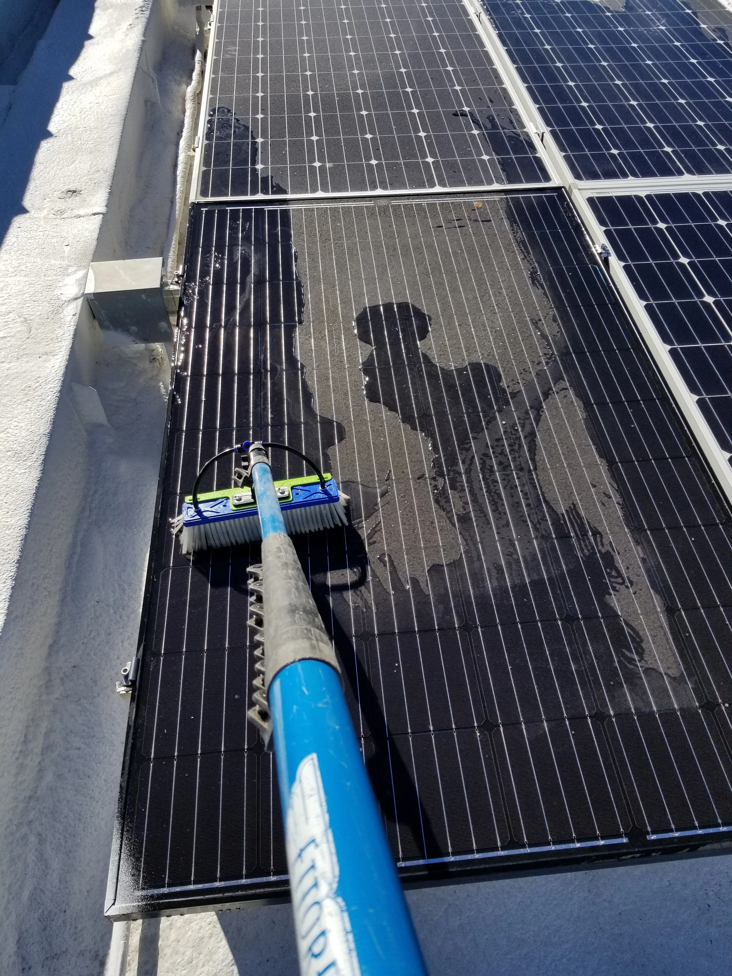 Cleaning solar panels on a rooftop with a brush attached to a long pole, with water on the panels.