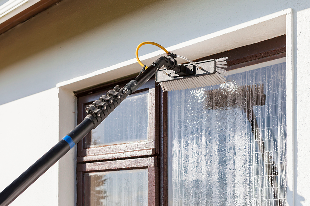 Crystal-clear exterior sliding glass patio doors after professional streak-free window cleaning.