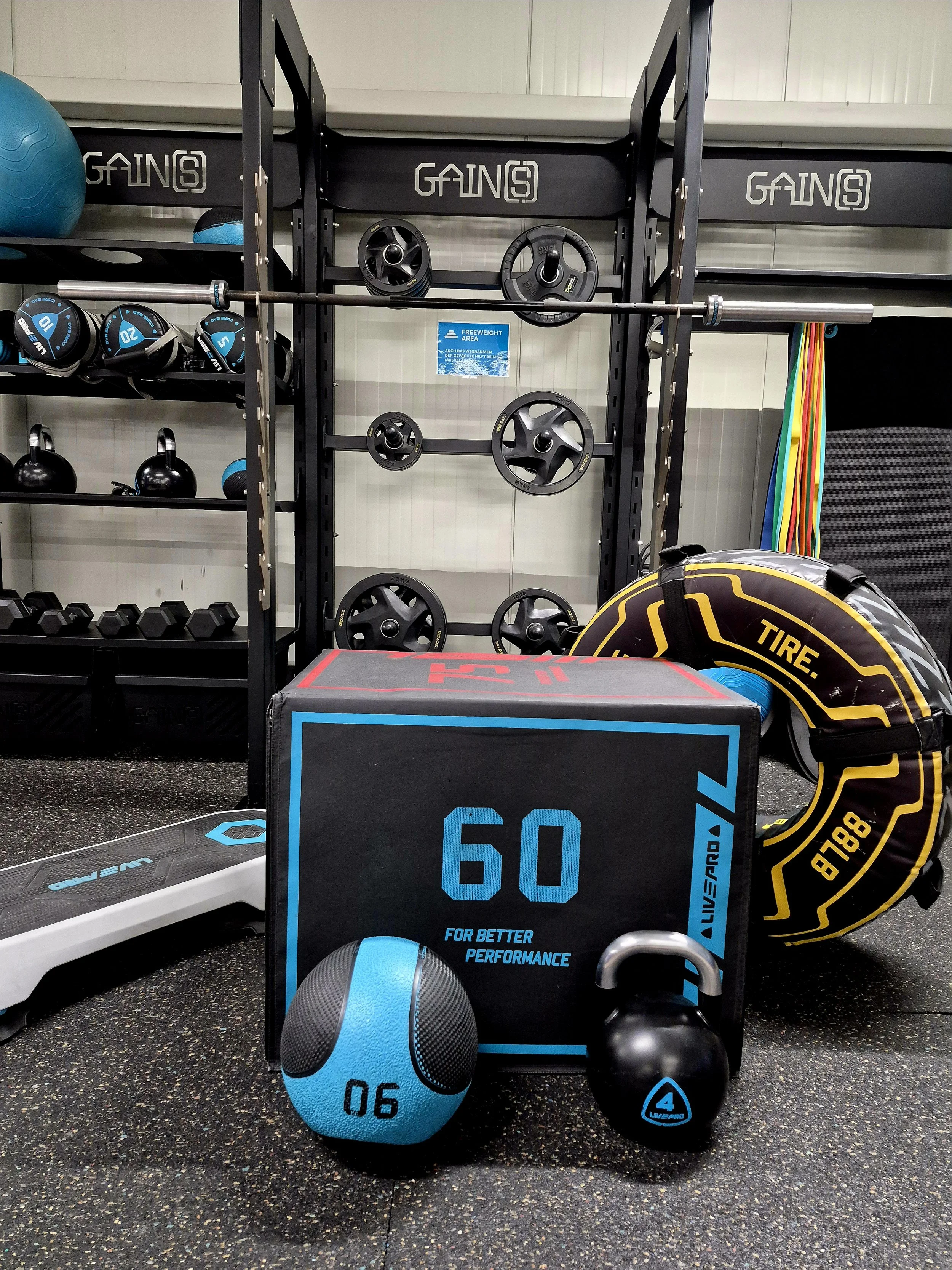 Fitnessstudio mit Gewichten, Kettlebell, Medizinball, Ringreifen und Hantel. 
Kraft kennt keine Limits