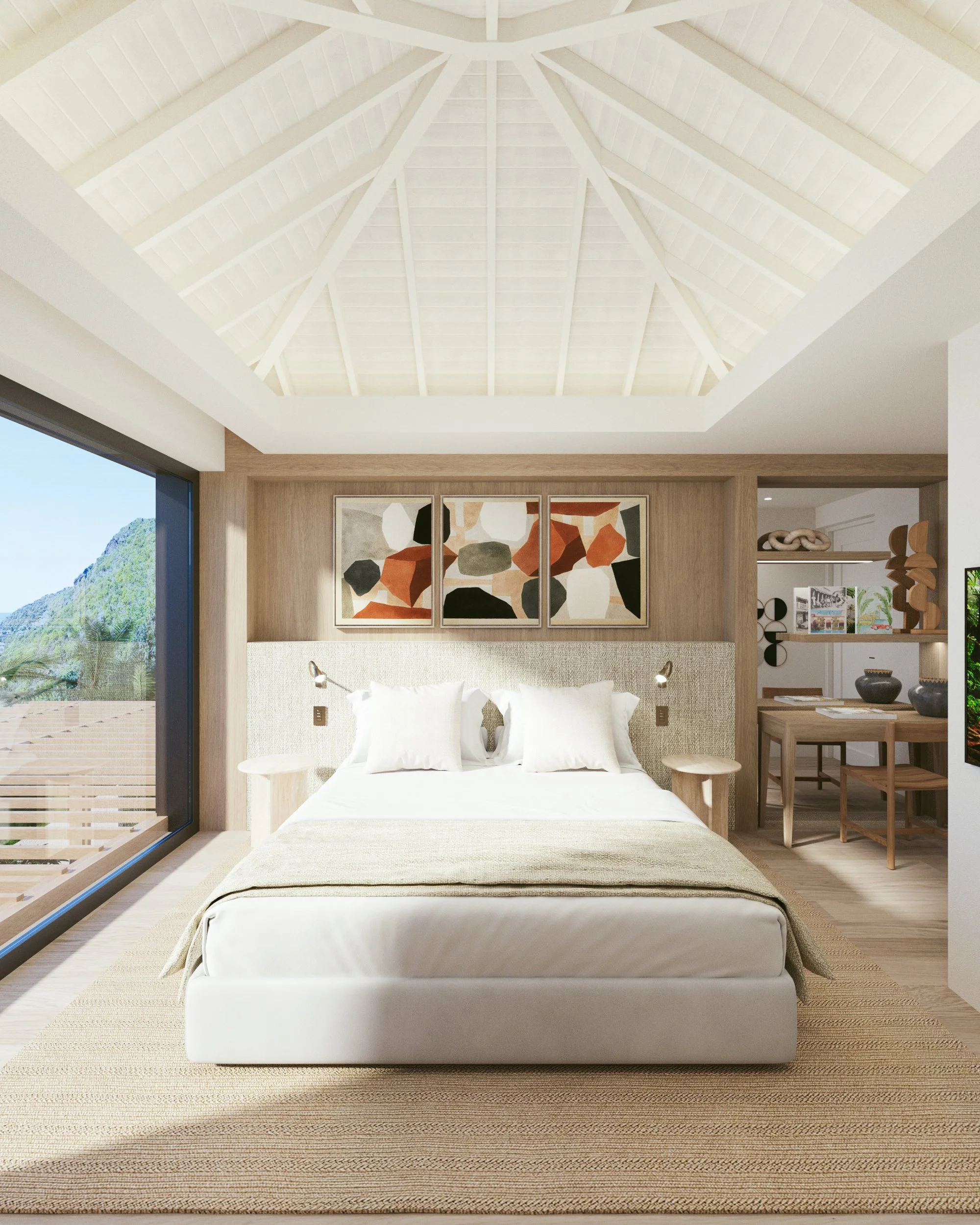 Chambre moderne avec lit blanc, tête de lit en tissu beige, décor abstrait sur le mur en bois, grande fenêtre avec vue sur la nature, intérieur en bois clair, tapis beige, espace de travail avec bureau en bois et fauteuil, décoration artistique.