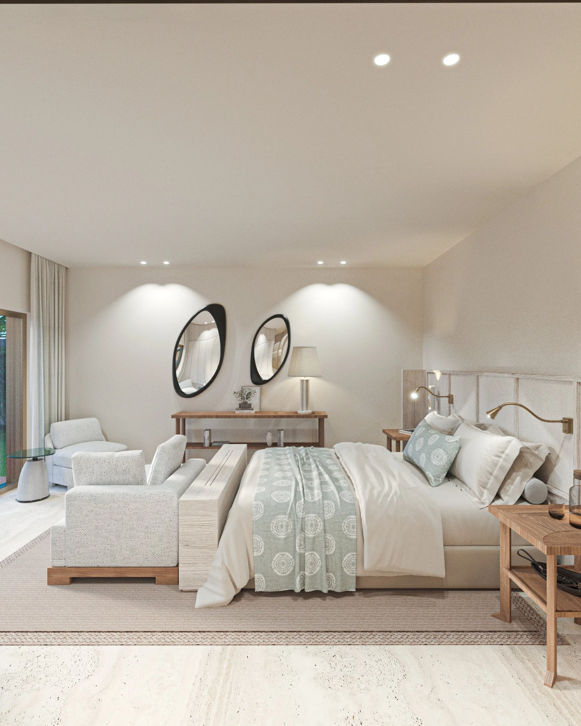 Chambre élégante avec lit, canapé, miroir rond, lampes de chevet, fauteuils et une baie vitrée.