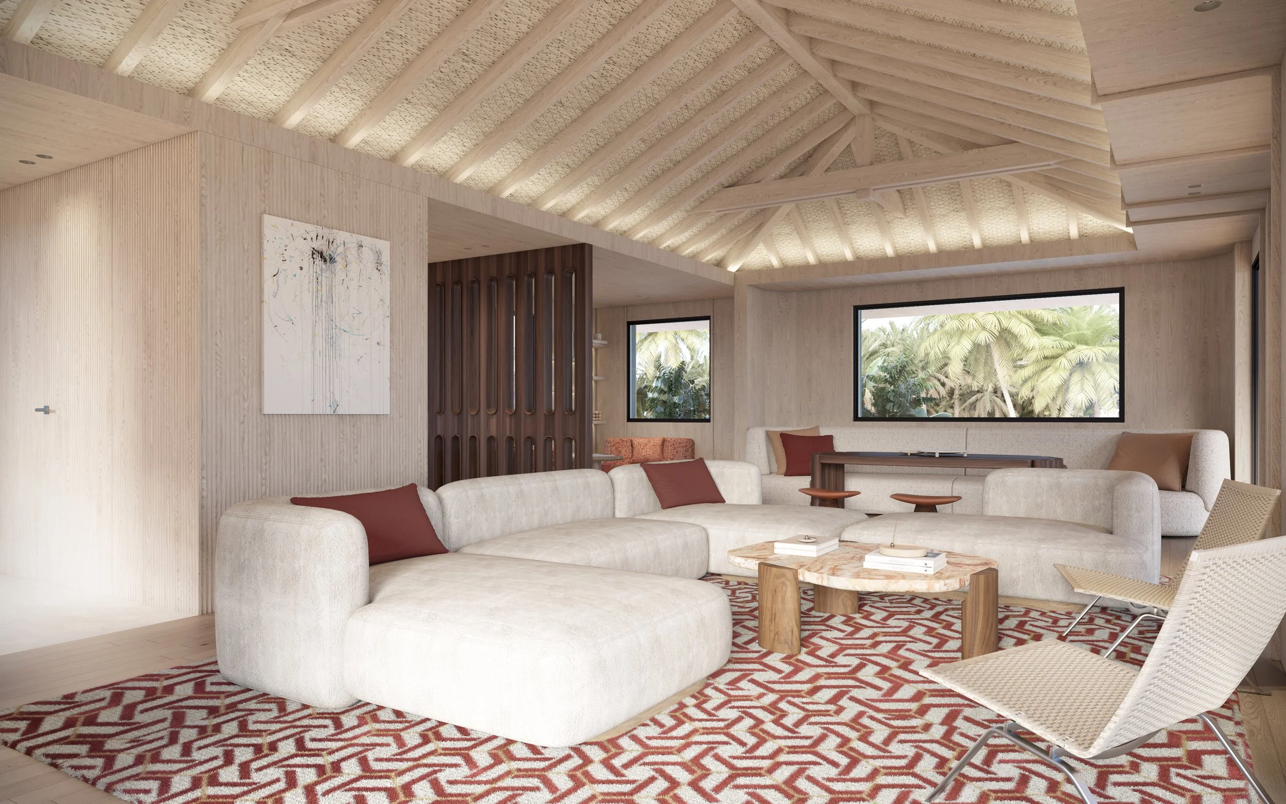 Salon moderne avec canapé blanc, fauteuil beige, table en pierre, tapis rouge et murs en bois clair vue sur une végétation tropicale par de grandes fenêtres.