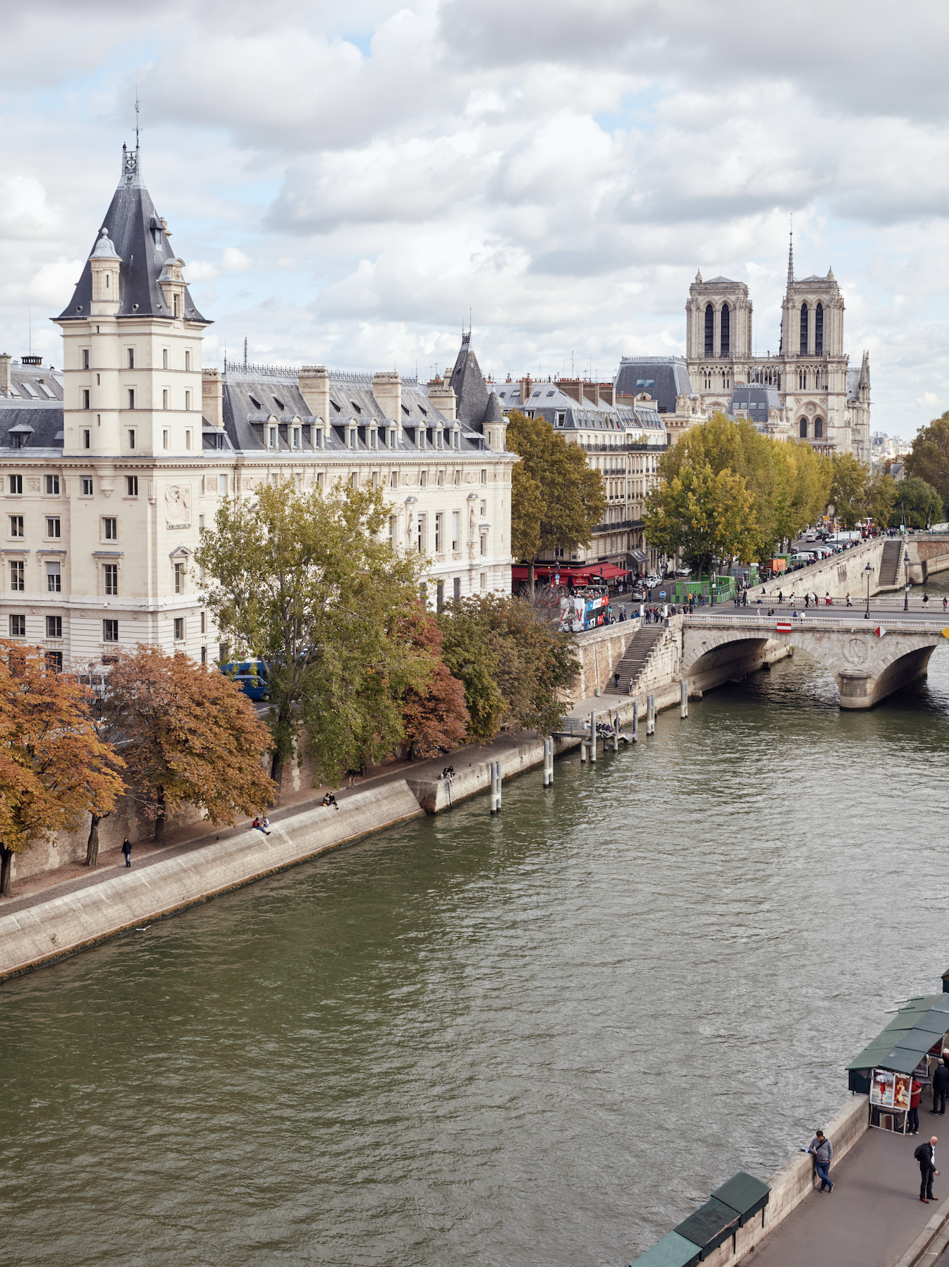 Vue de la rivière Seine à Paris avec des bâtiments historiques, arbres en automne et la cathédrale Notre-Dame en arrière-plan.