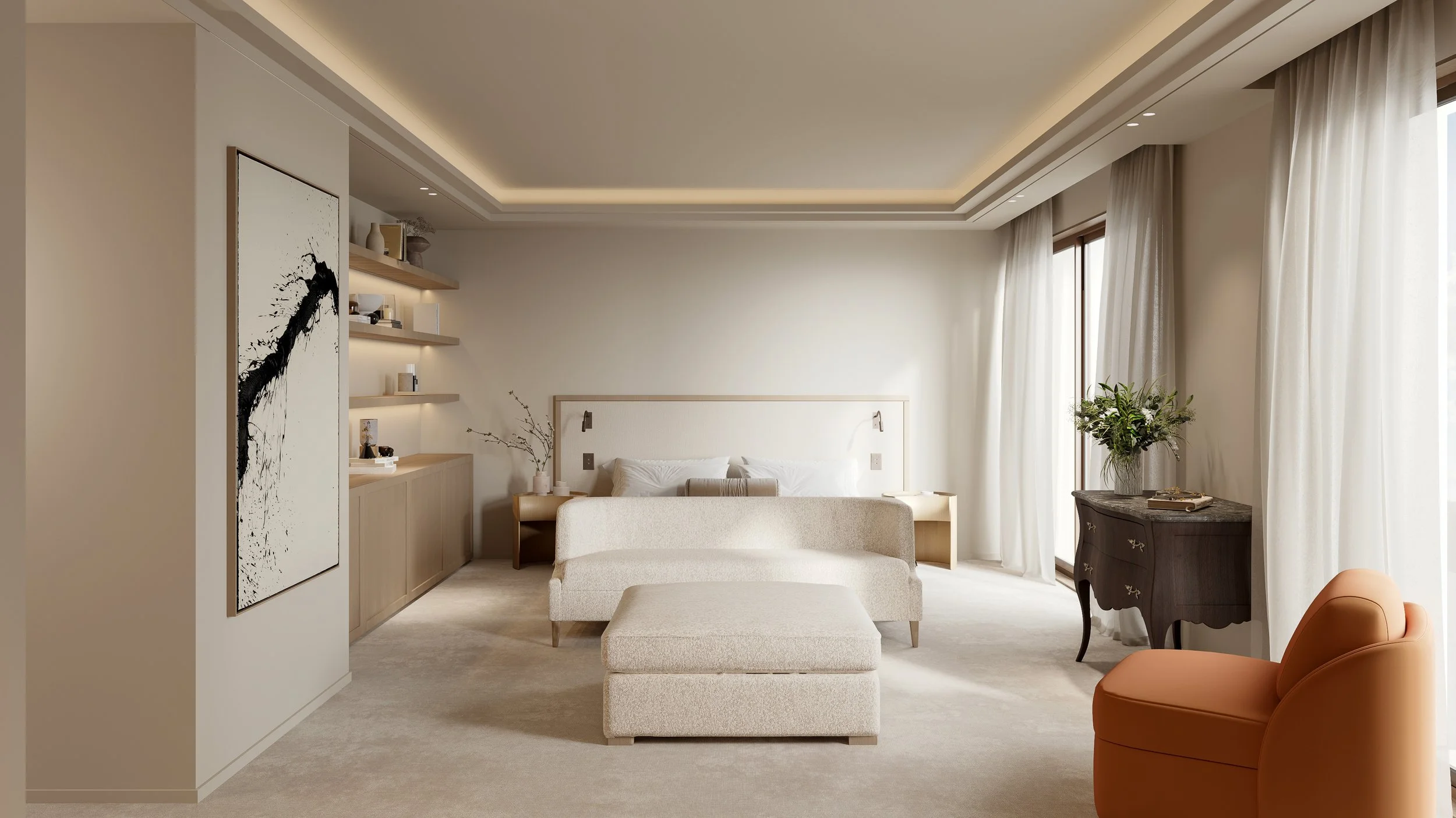  Chambre spacieuse et lumineuse avec grand lit, canapé beige, fauteuil orange, table de nuit en bois, étagères murales avec décorations, tableau abstrait noir et blanc, grande fenêtre avec rideaux blancs, mobilier en bois clair, plantes vertes.