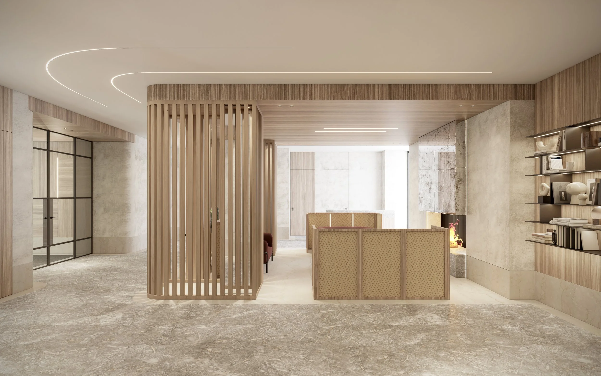 Intérieur moderne avec mobilier en bois clair, cheminée, étagère avec livres et objets décoratifs, plafond avec éclairages intégrés.