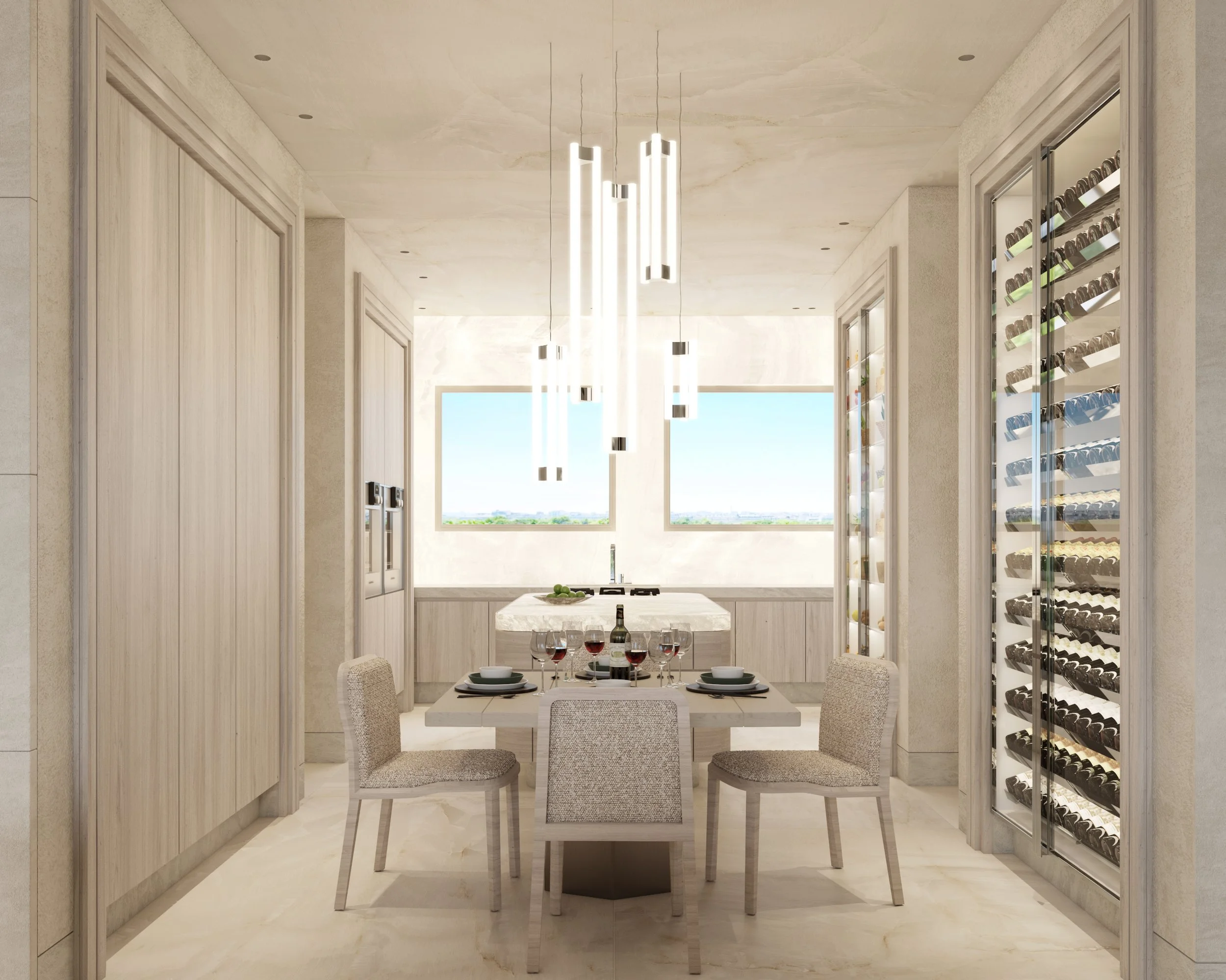 Cuisine moderne avec table à manger, 4 chaises, branchement de vin dans un réfrigérateur à vin, fenêtres offrant une vue panoramique.