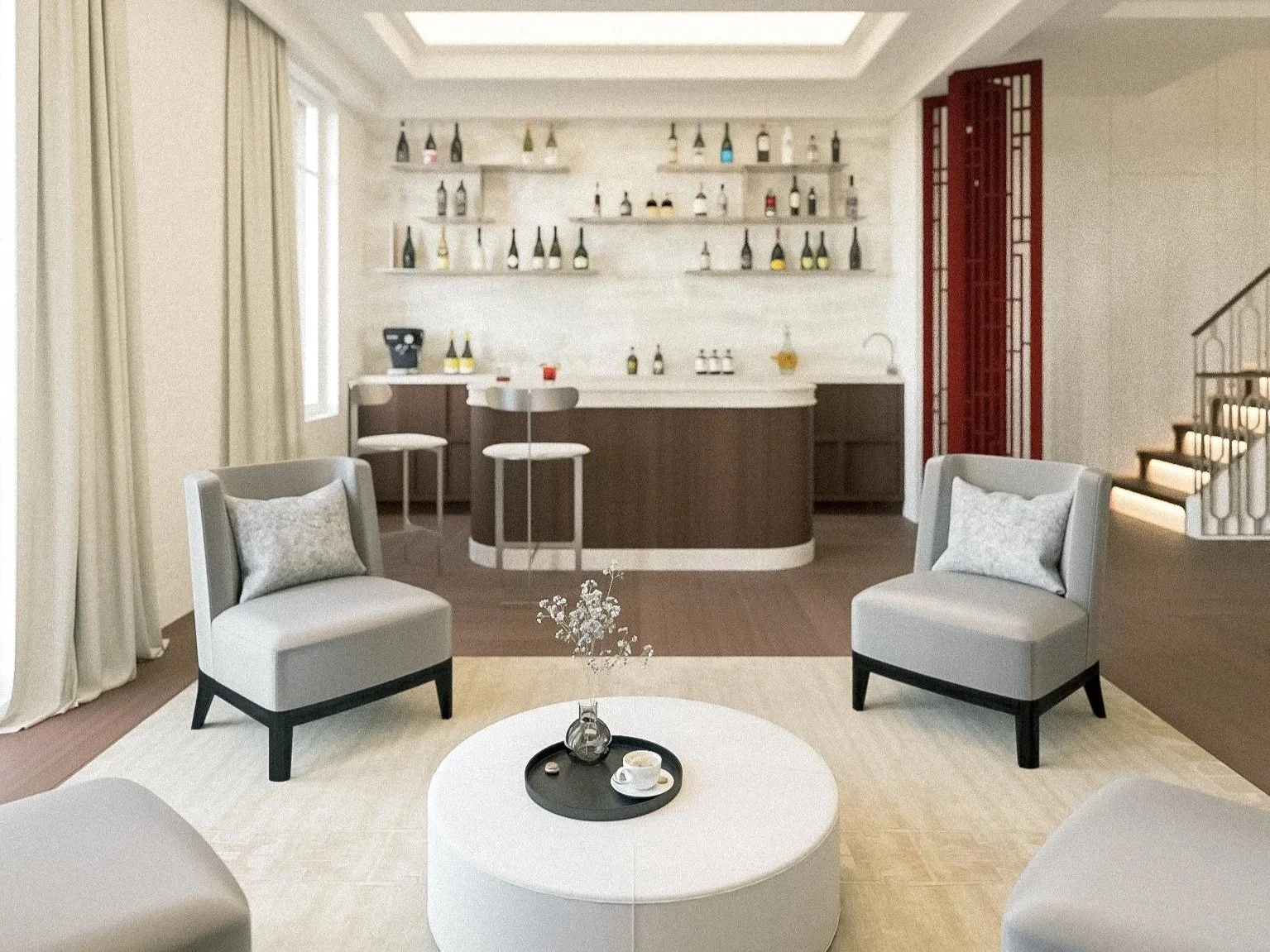 Salon moderne avec deux fauteuils gris autour d'une table basse, un bar avec des étagères de bouteilles en arrière-plan et un escalier à droite.
