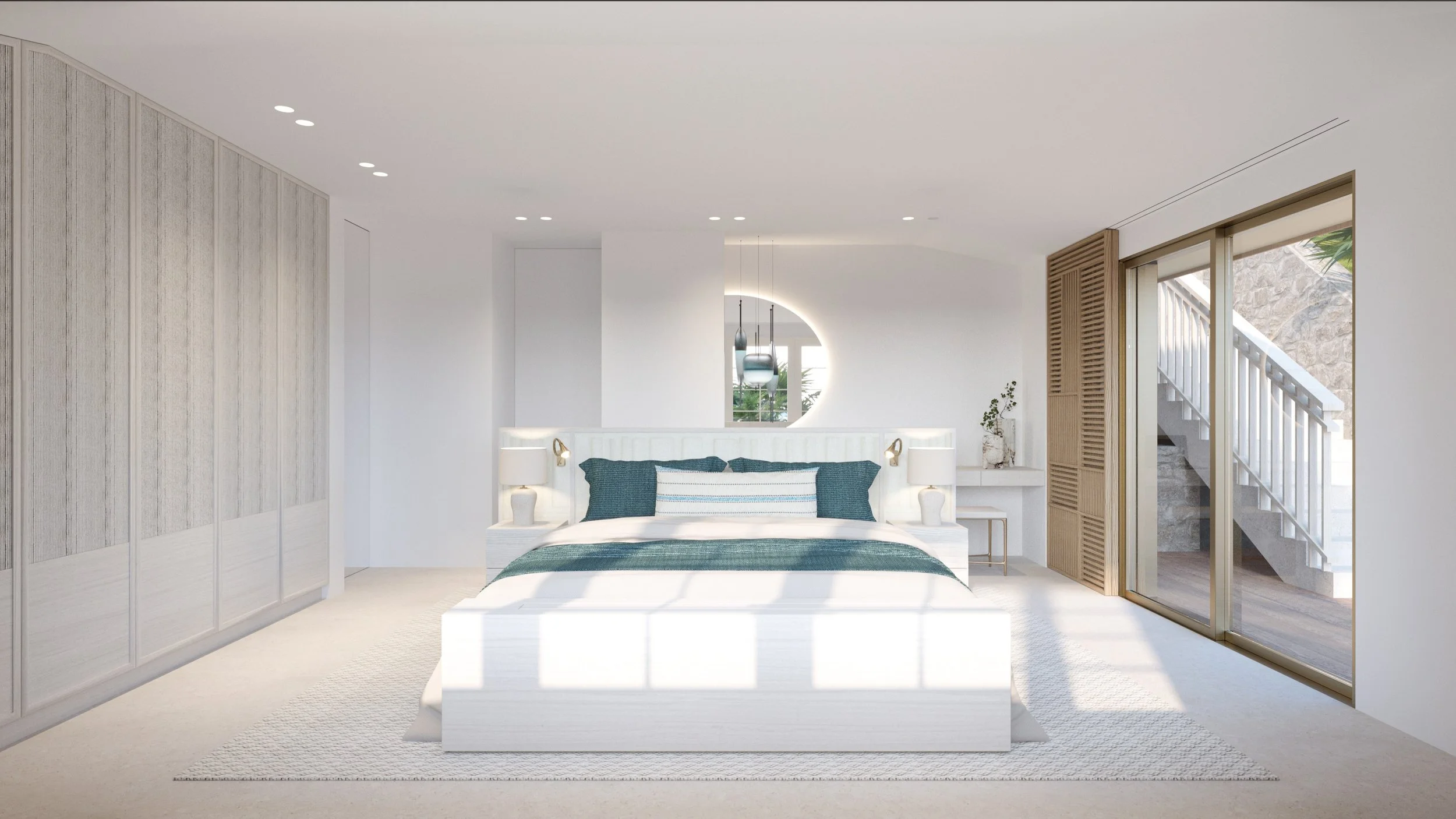 Bedroom designed with a focus on clarity and alignment, opening onto the exterior through large sliding doors. Light tones and minimal detailing create a calm and structured atmosphere.

Stylisme et d&eacute;coration : Penny Braid
Architecte : @edoua