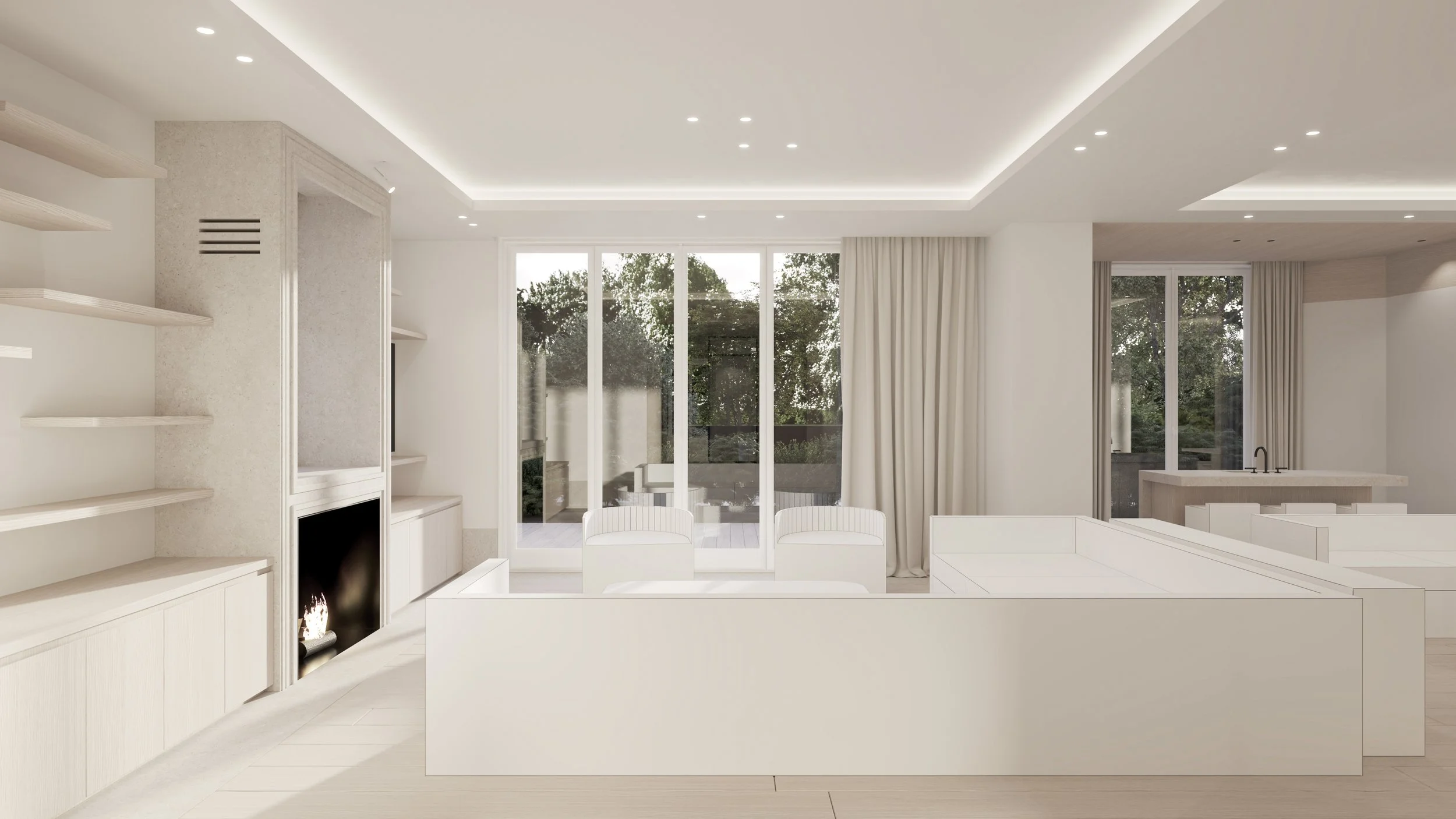 Salle de séjour moderne avec grands vitraux, mobilier blanc et cheminée au centre.