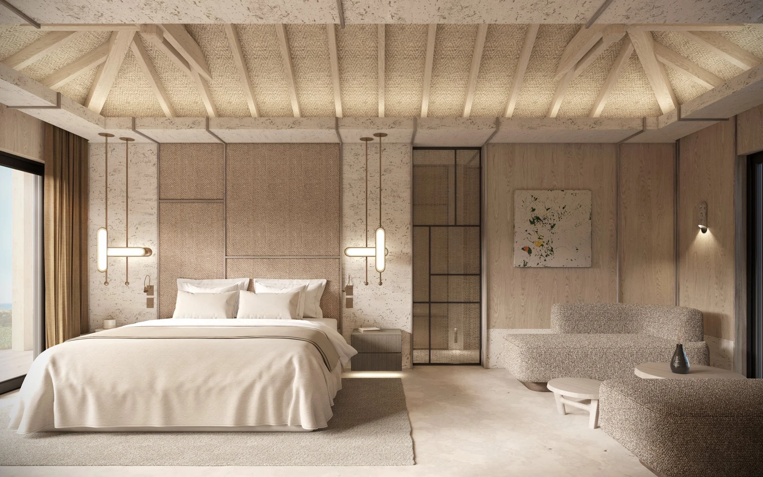 Chambre d'hôtel élégante avec lit king-size, rideaux en beige, coin salon avec canapé incurvé et tableau abstrait sur le mur en bois.