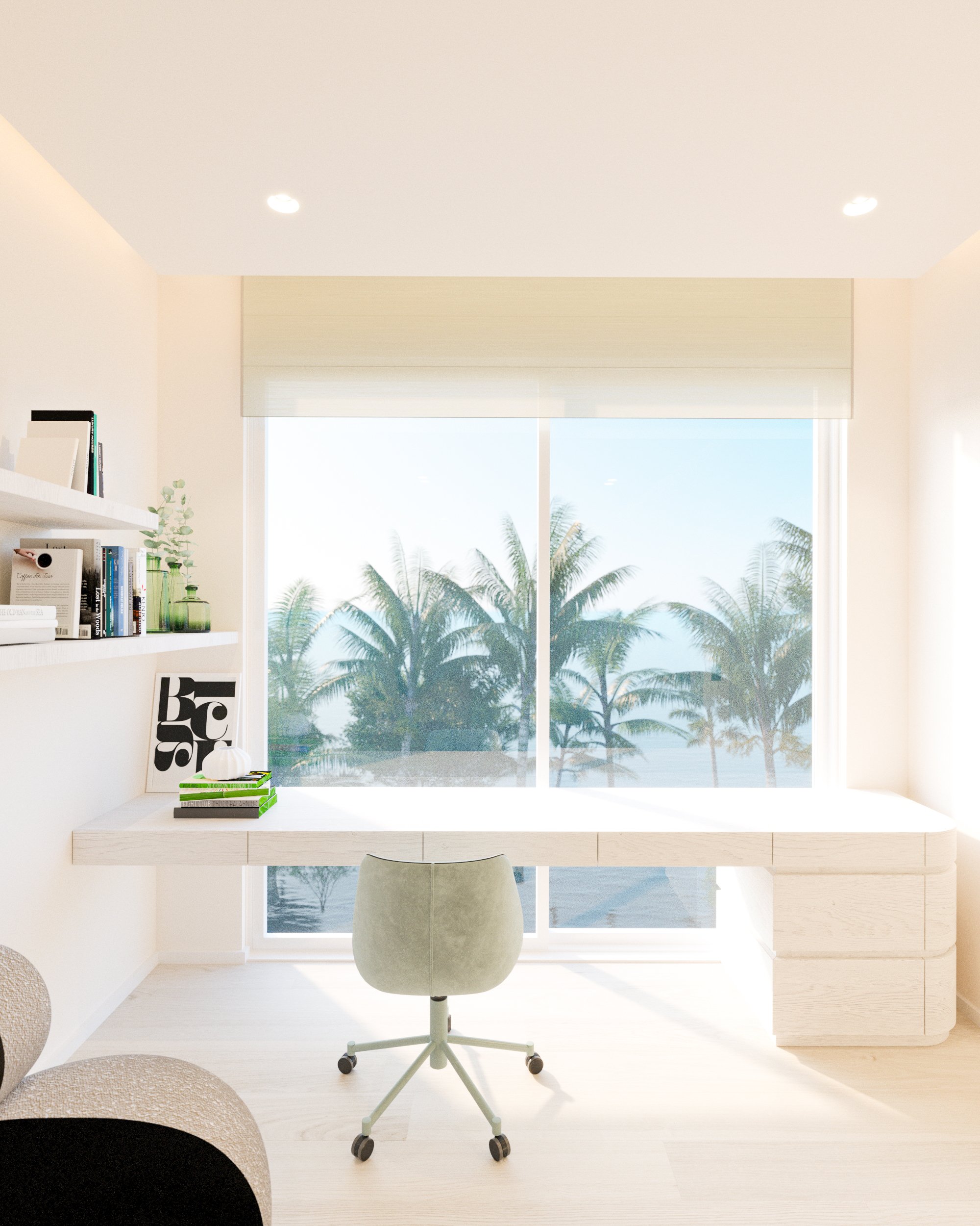 Bureau moderne avec vue sur des palmiers et la mer, comprenant une étagère blanche avec livres et décorations, un bureau blanc avec une chaise gris clair.