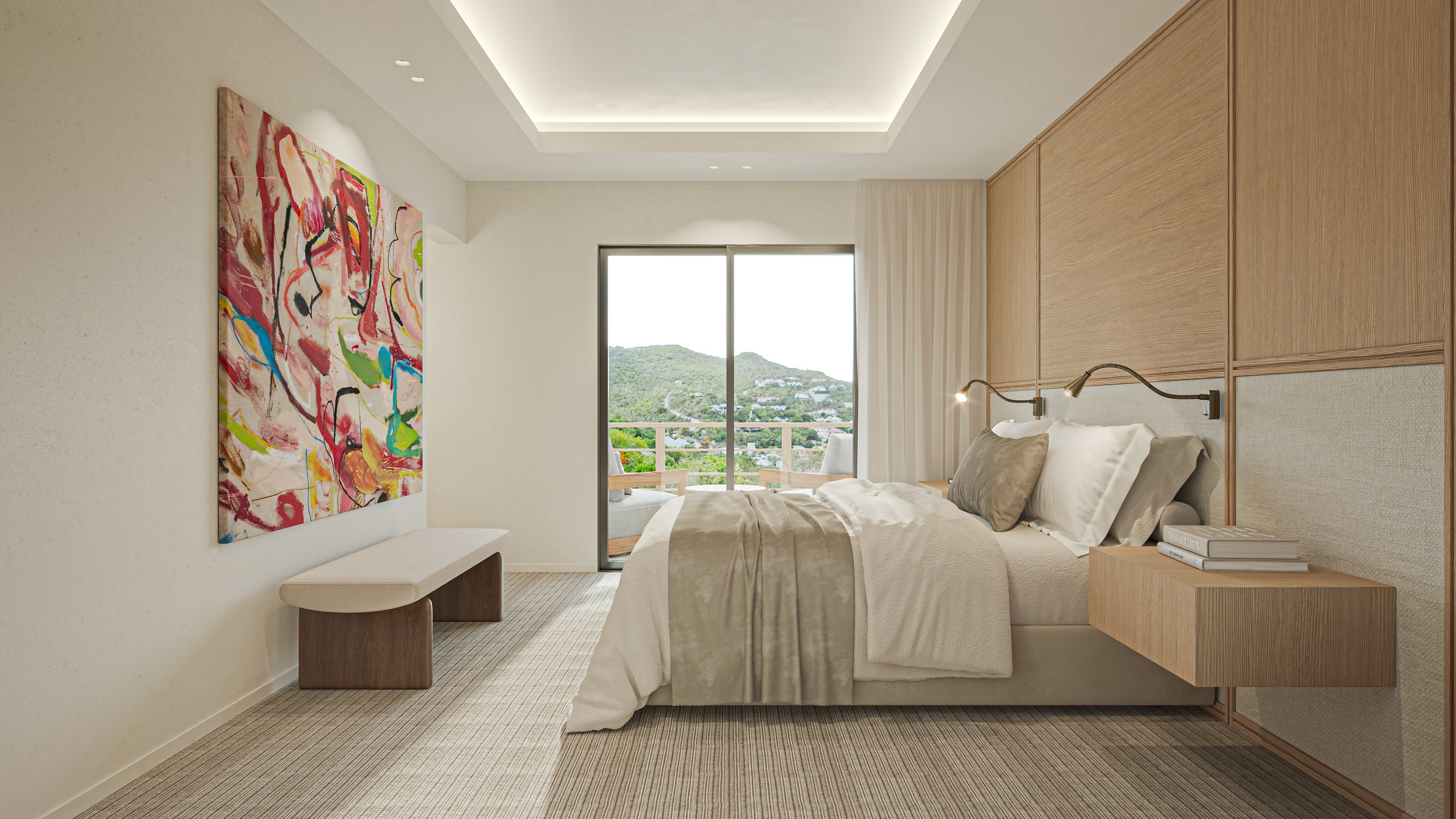 Chambre d'hôtel moderne avec lit, grande fenêtre donnant sur un paysage de montagnes, œuvre d'art colorée sur le mur