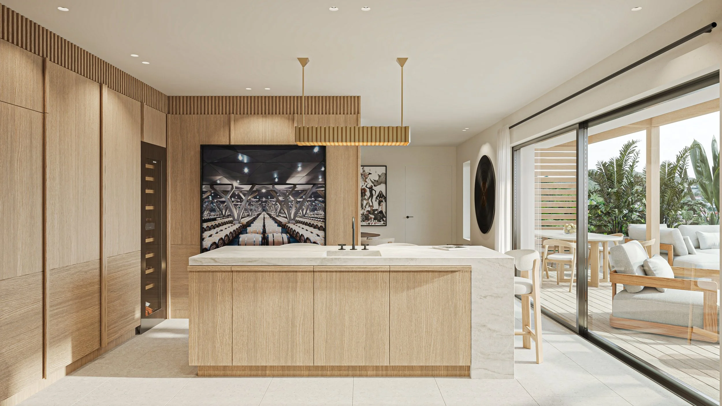 Cuisine moderne avec murs en bois, îlot central en marbre avec évier, porte-fenêtre donnant sur terrasse extérieure avec mobilier de jardin et végétation tropicale.