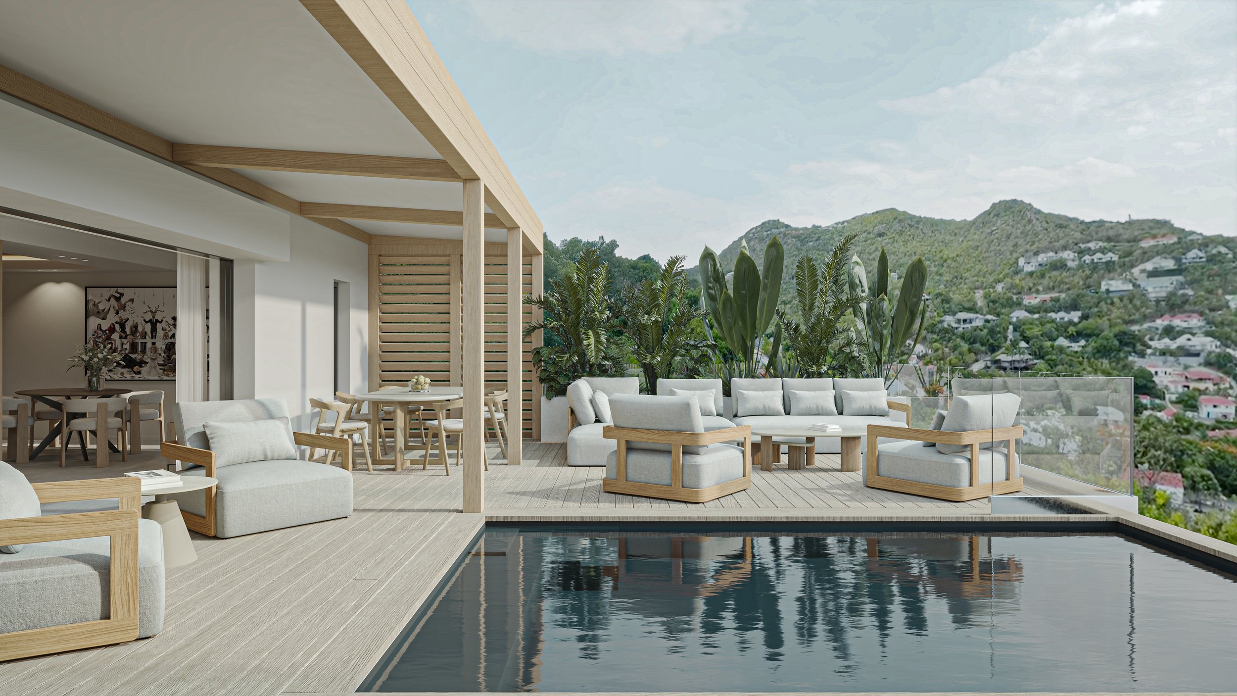 Terrasse d'une maison moderne avec mobilier en bois clair, canapés et fauteuils en tissu beige, piscine à débordement, plantes tropicales et vue sur des collines verdoyantes.