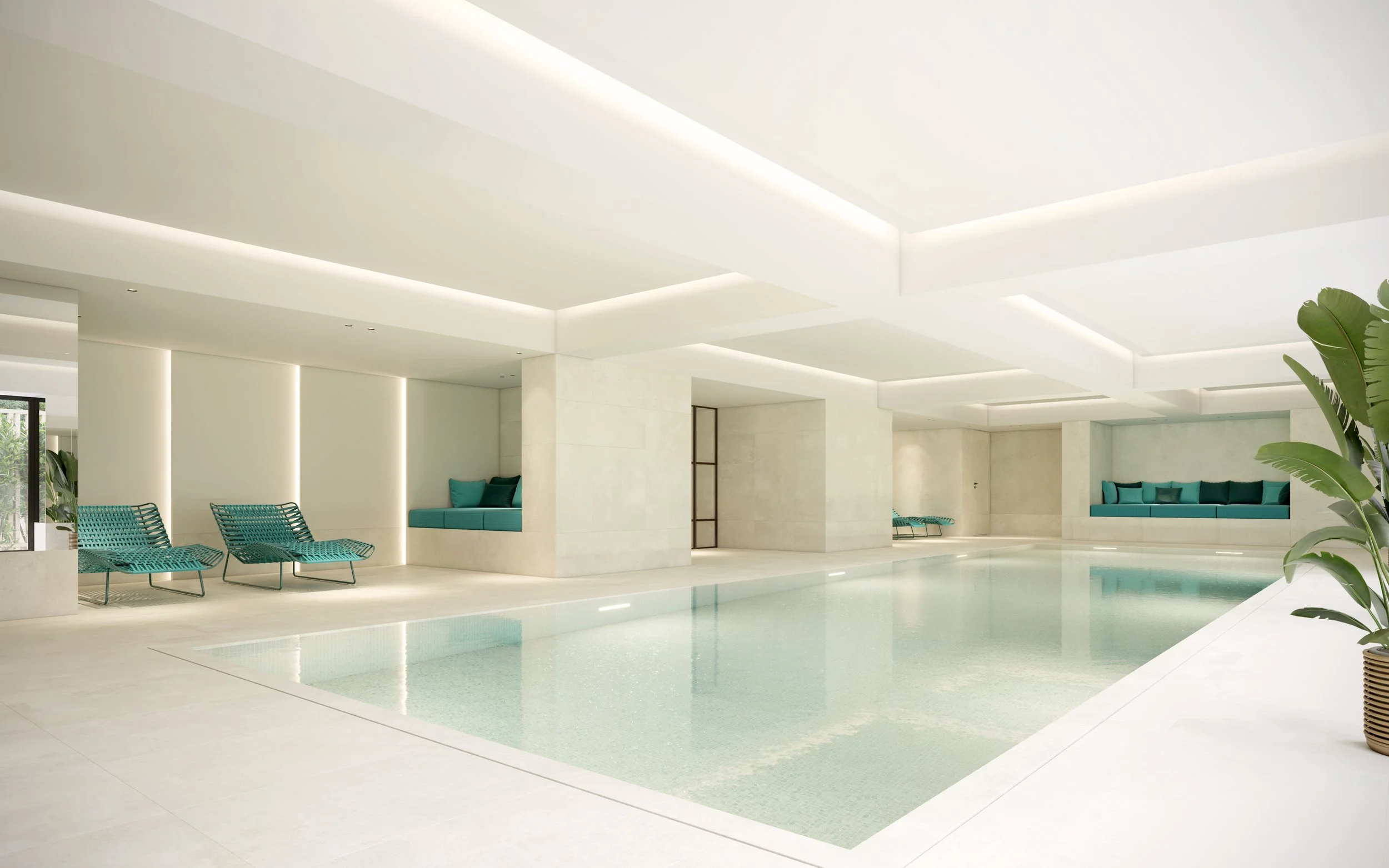 Intérieur d'une piscine moderne avec mobilier turquoise, murs claire et plantes vertes.