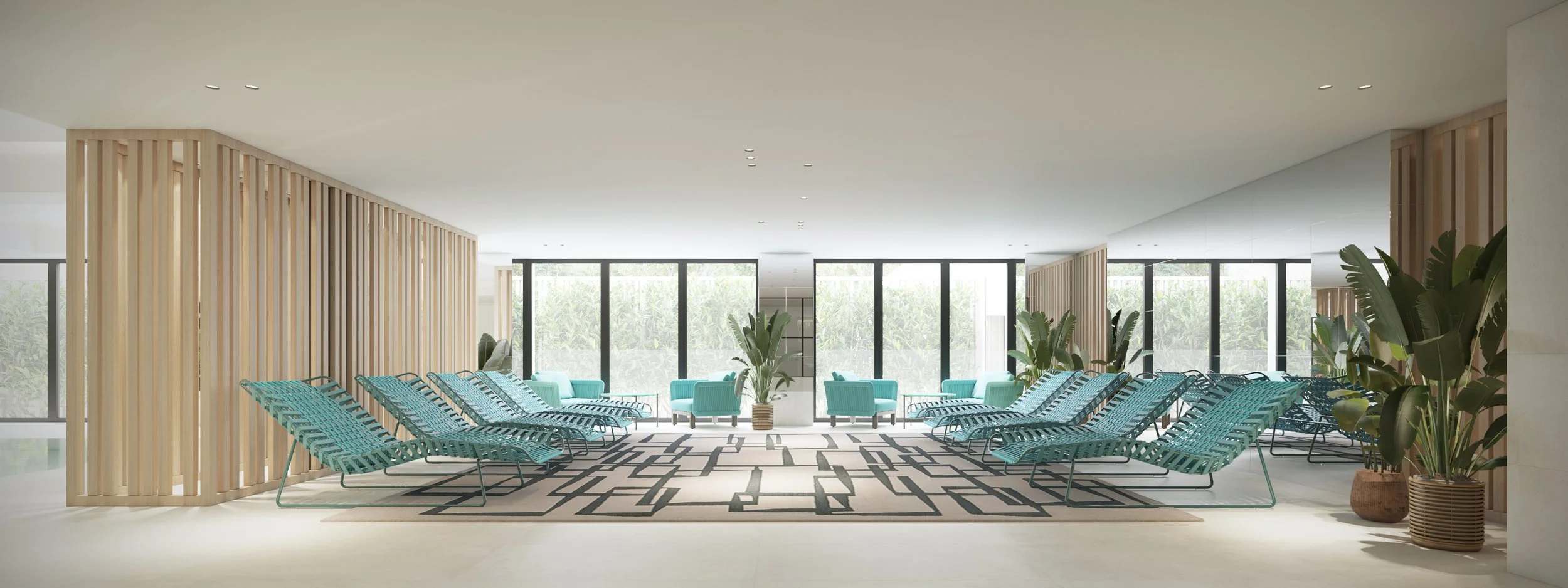 Une salle de repos lumineuse avec des chaises longues turquoise et des fauteuils verts, des plantes vertes, grandes fenêtres laissant entrer la lumière naturelle, et un tapis noir et blanc géométrique.