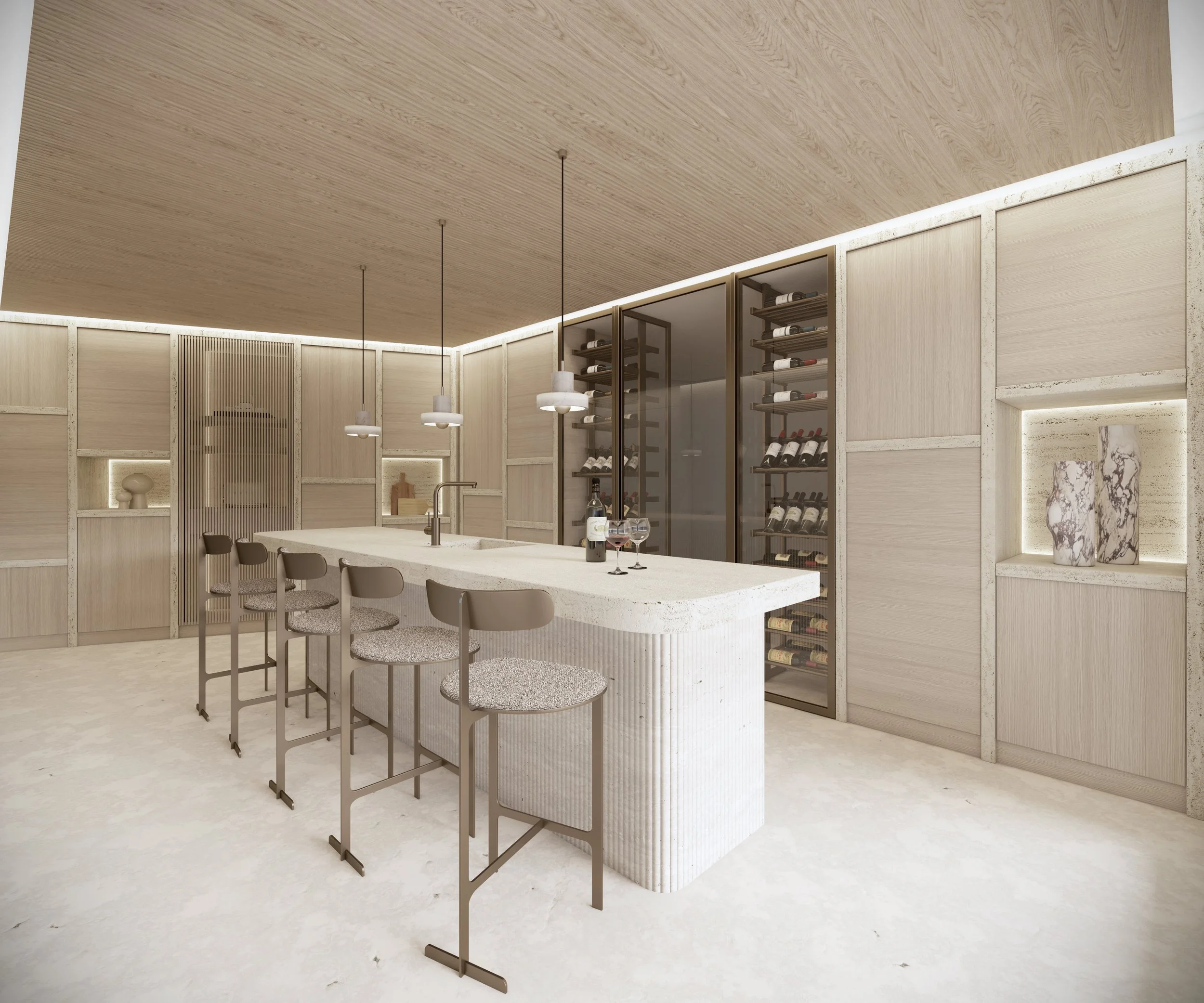 Cuisine moderne en tons neutres, avec un îlot central en pierre, sièges et une cave à vin encastrée, décoration minimaliste.