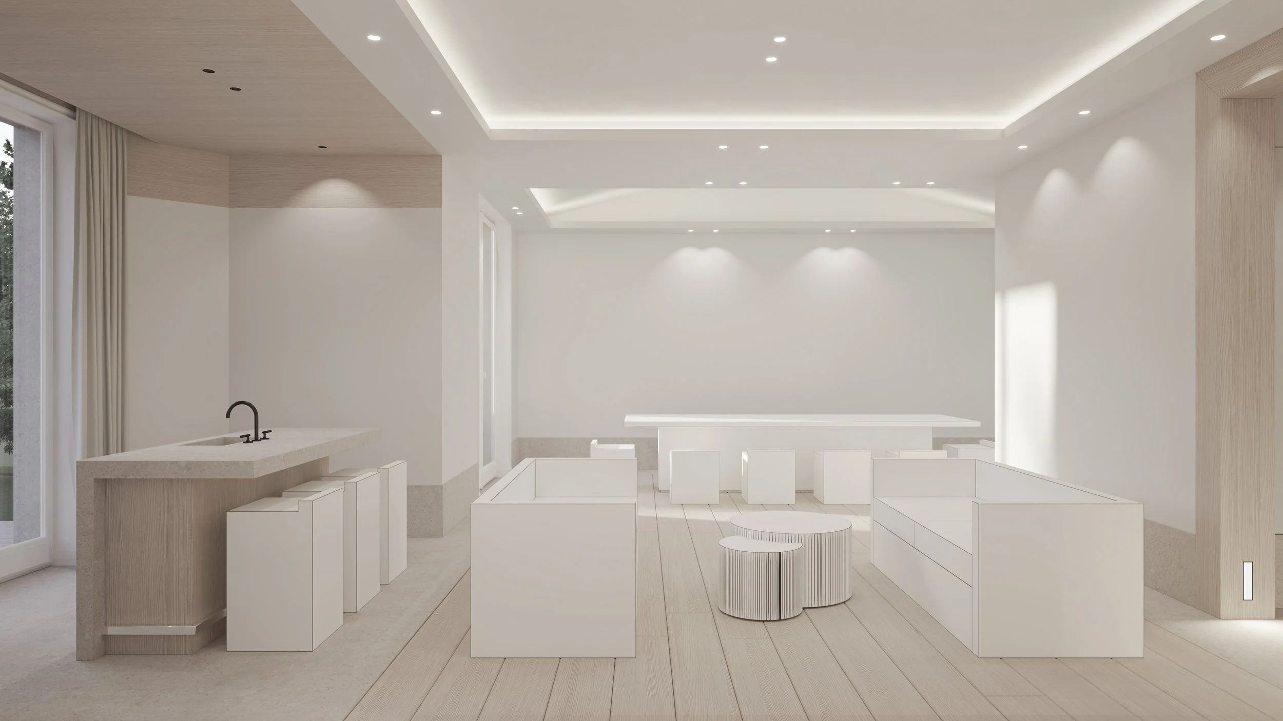 Intérieur d'une pièce moderne blanche avec mobilier minimaliste, plafond avec LED intégrées, et vue sur un grand espace lumineux.