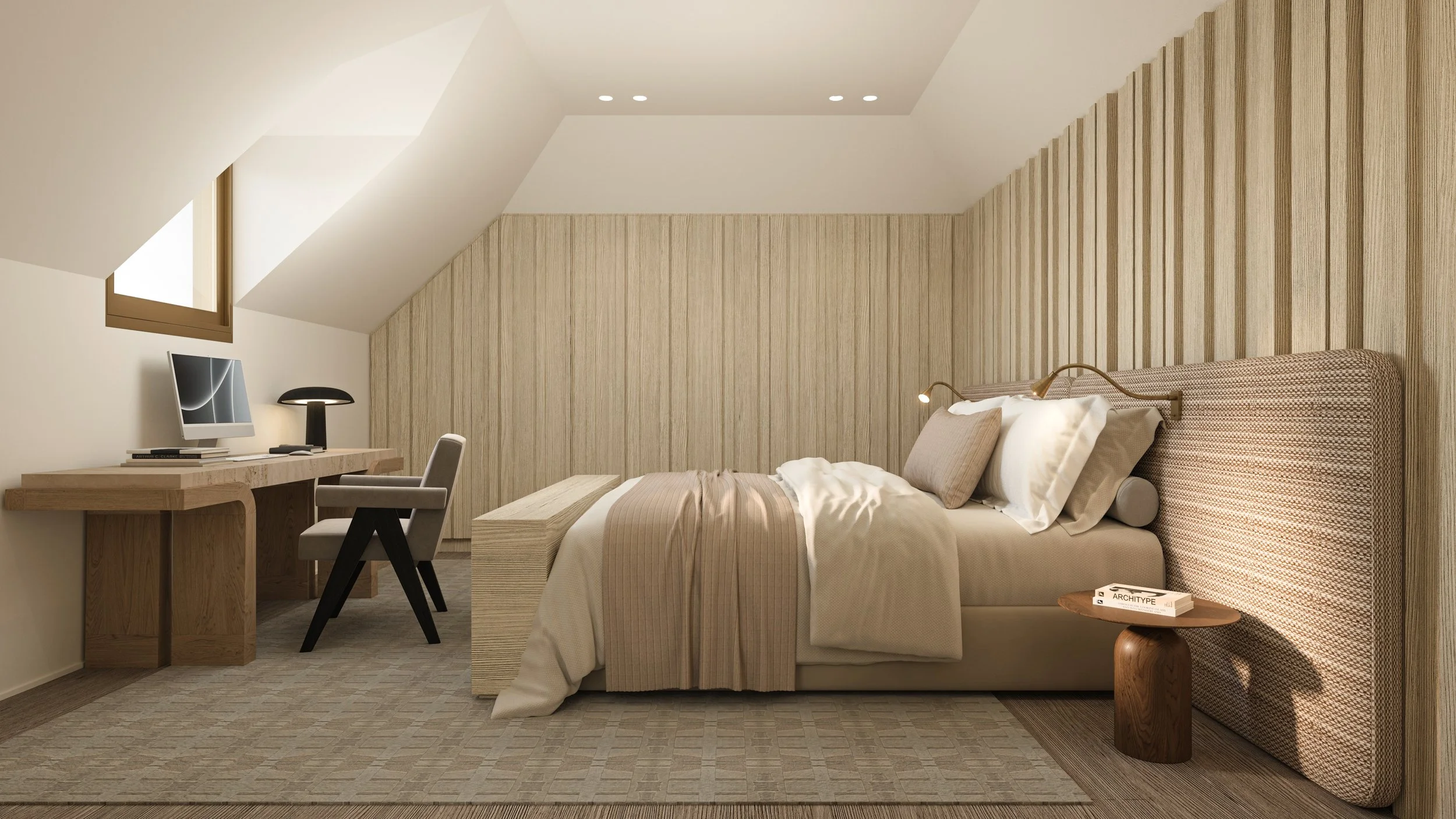 Chambre moderne avec lit, bureau en bois, ordinateur, lampe de bureau, et décoration neutre.